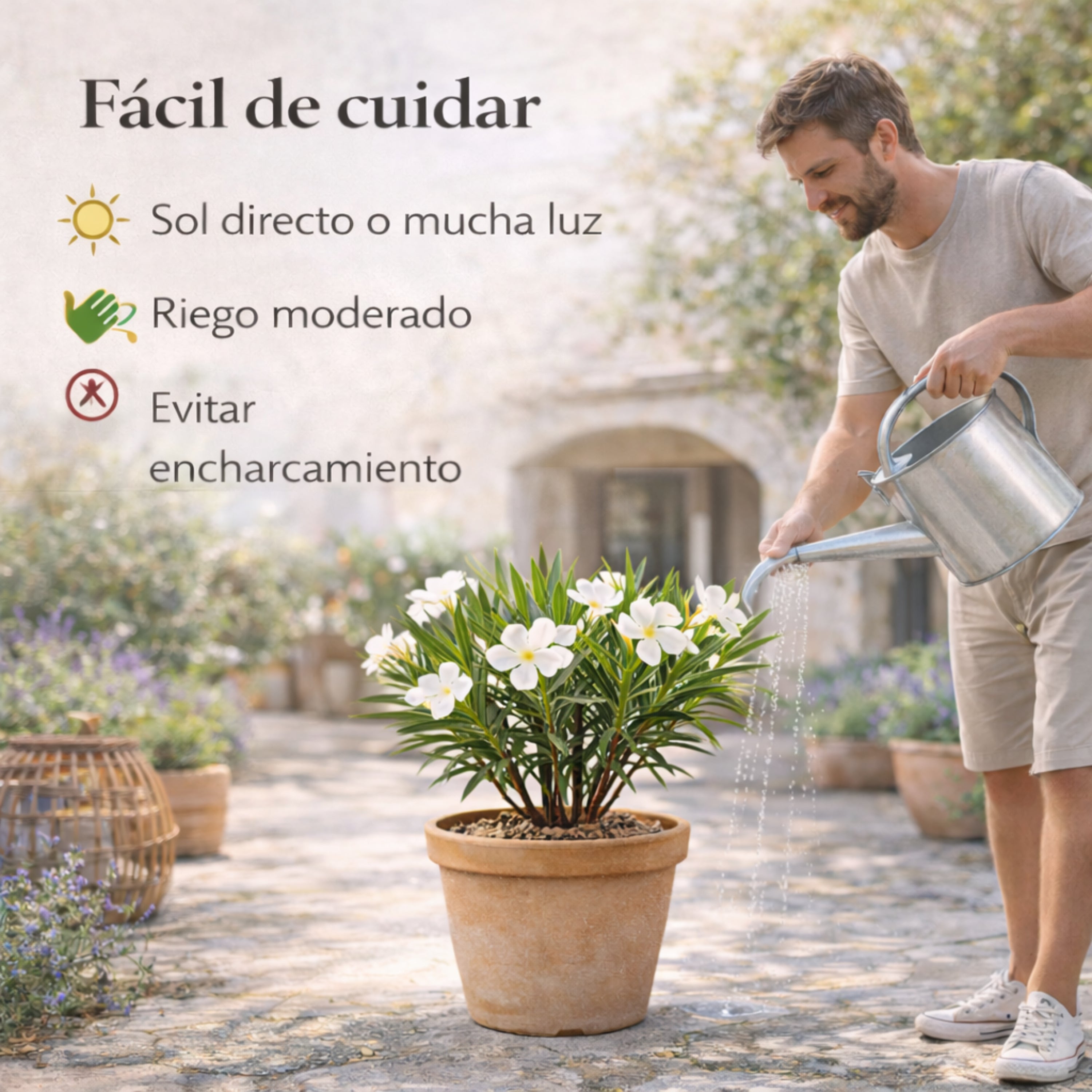 Adelfa Nerium Oleander Planta Natural en Maceta Flor Blanca, Arbusto Ornamental Exterior Resistente al Sol, Planta Viva Fácil Cuidado. Adelfa Blanco - 4