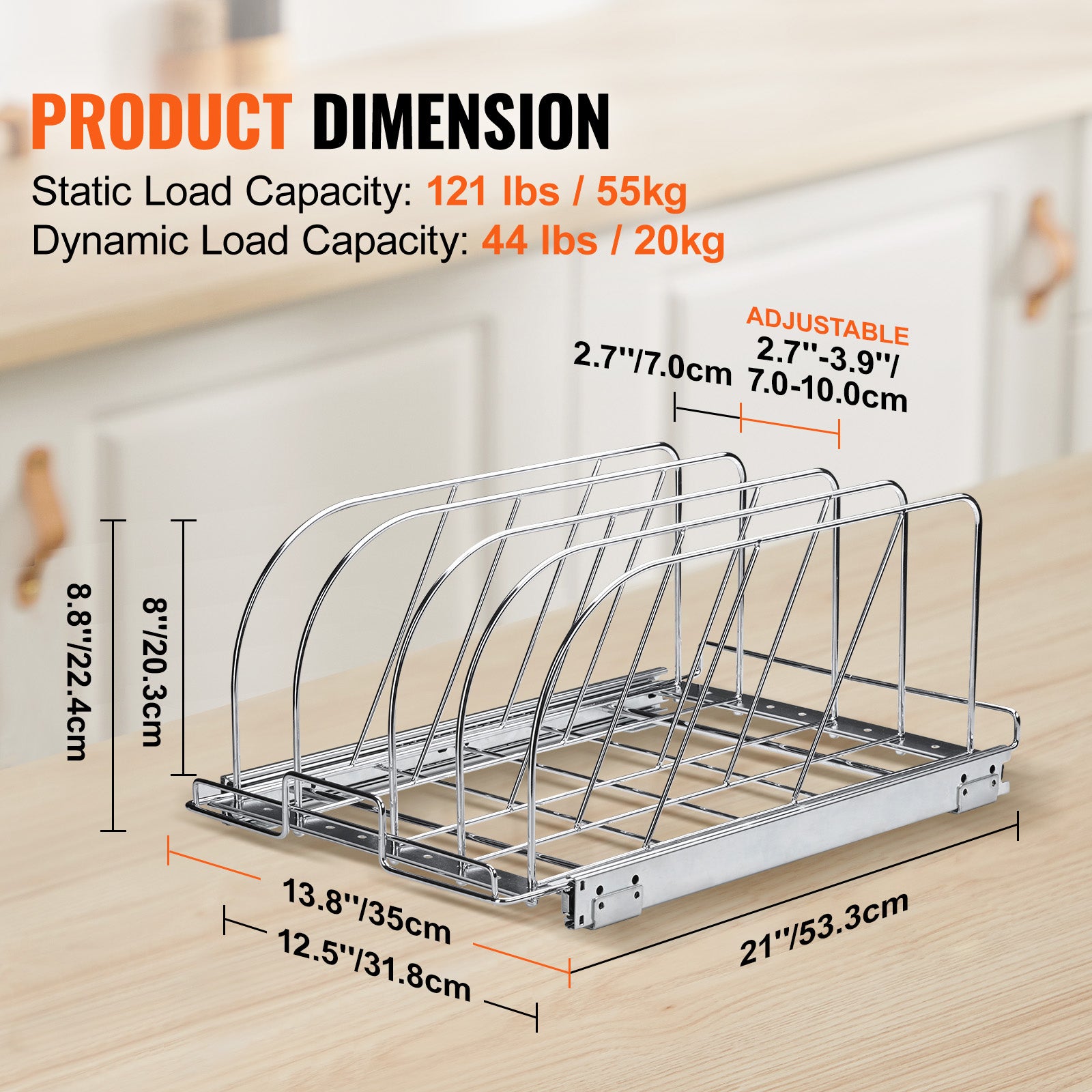 Soporte SucceBuy sartenes y ollas extensible: Organizador deslizante bajo el armario, separadores ajustables, soporte acero para cocina, 12,5