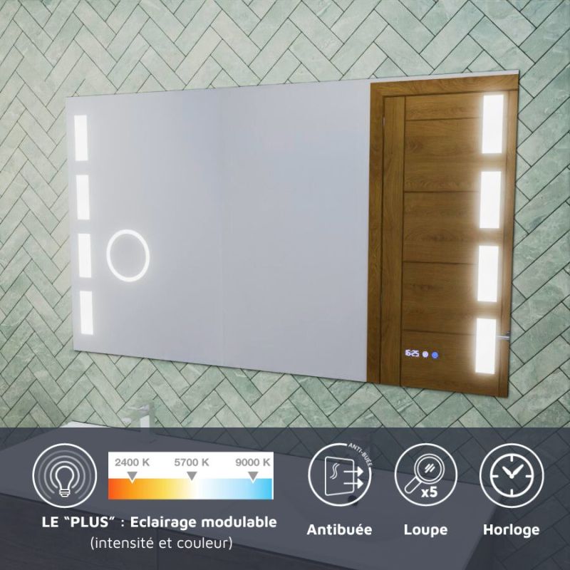 Miroir LED réglable EXCELL PLUS - 120 x 70 cm avec antibuée, loupe et horloge - 2