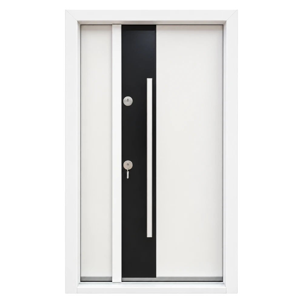 Usa metalica dubla de exterior cu izolatie Novo Doors NDA5D, Compozit, Pentru case, Deschidere Dreapta, 140x200 cm, Alb cu Negru