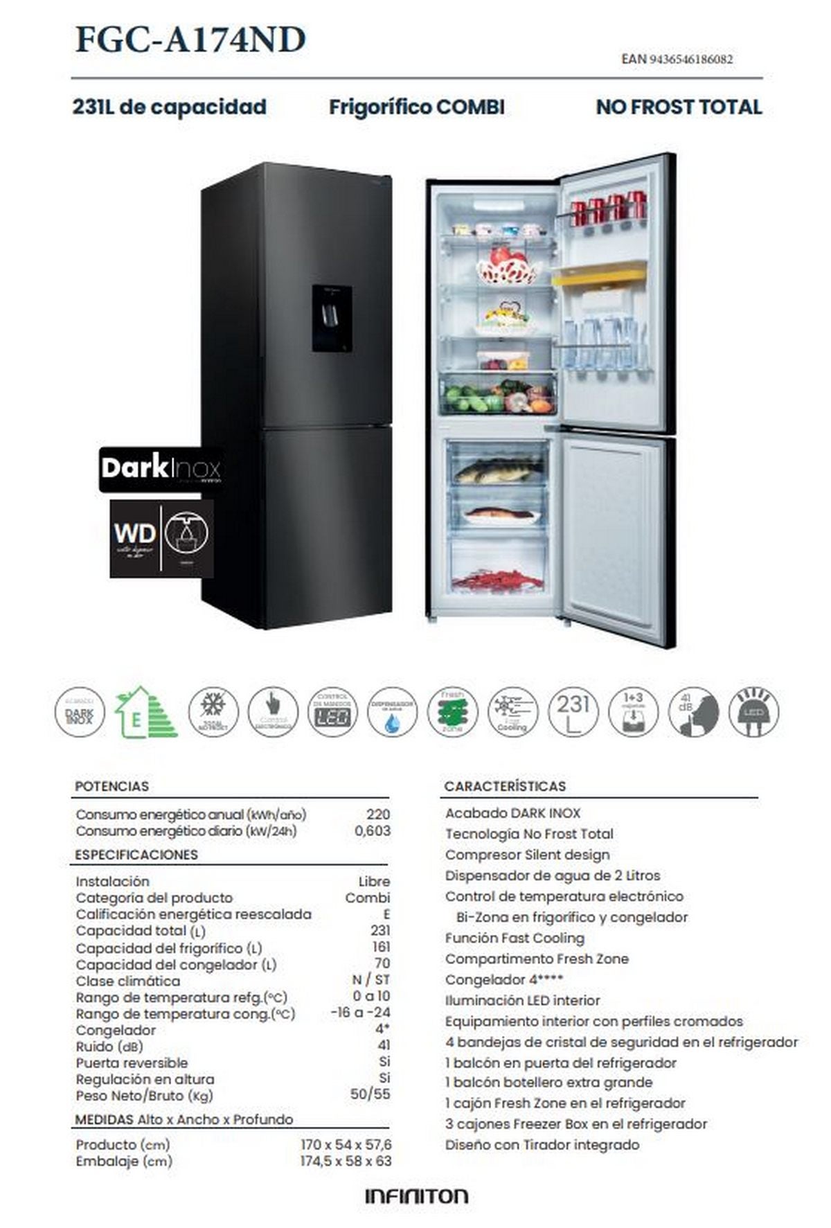 Frigorífico combinado Infiniton FGC-A174ND, 231 l, 170 cm, Total No Frost, E, Dispensador de água, Dark Inox - 3