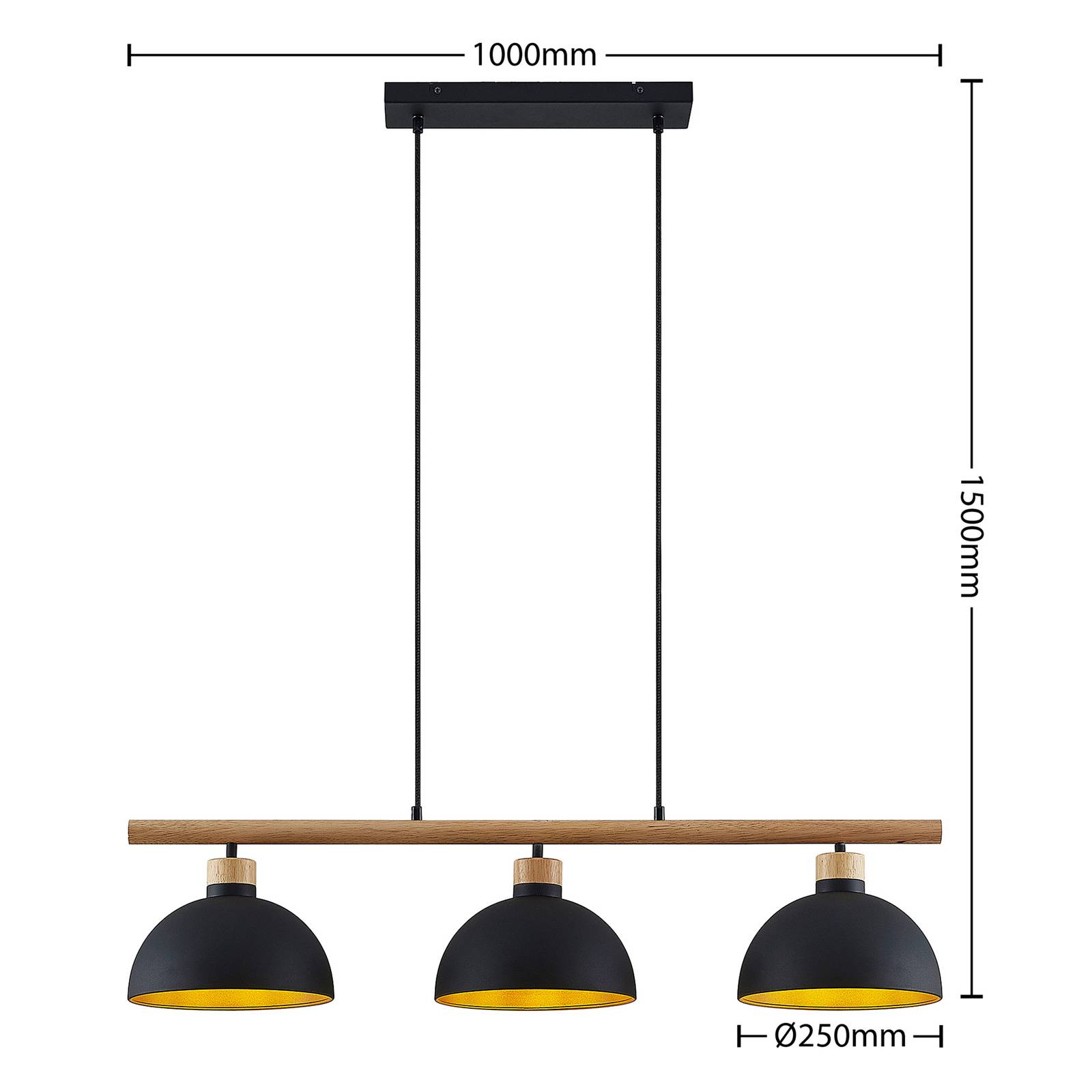 Suspension Lindby Tirzana, à 3 lampes, noir, métal, bois, Suspension Luminaire, Lampe Plafond, Luminaire Plafonnier, Lampe Suspendue - 4