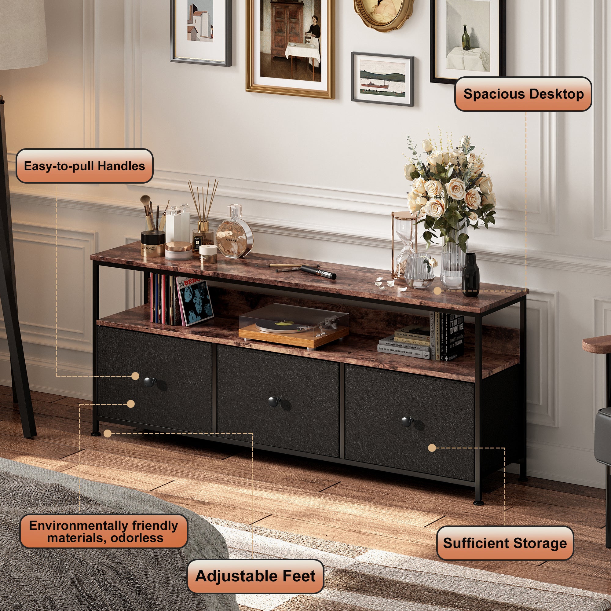 Meuble TV 137 CM avec lumières LED 3 tiroirs Panneau de particules et Pieds de table en métal Hauteur réglable PU noir - 6