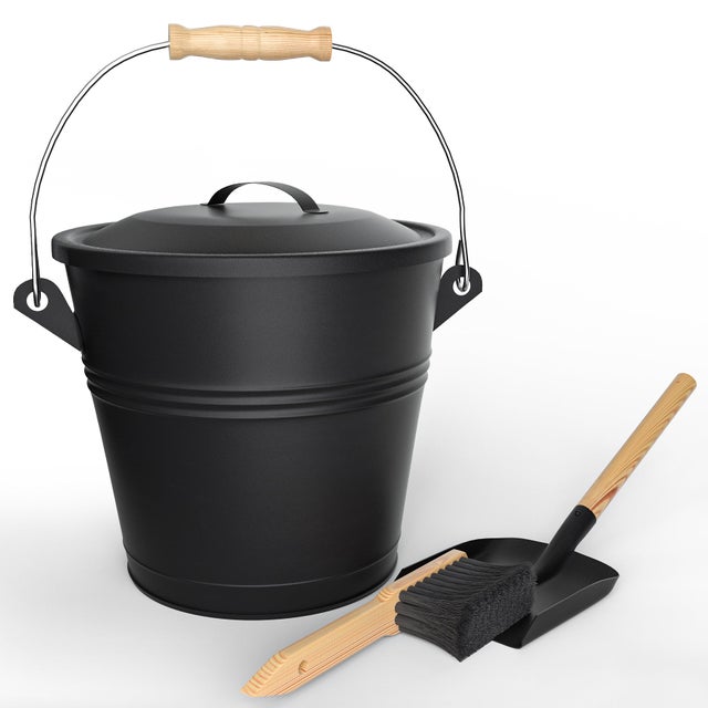 Seau à Cendres en Métal avec Couvercle Pelle et Balai à Main 5L Noir VOUNOT®