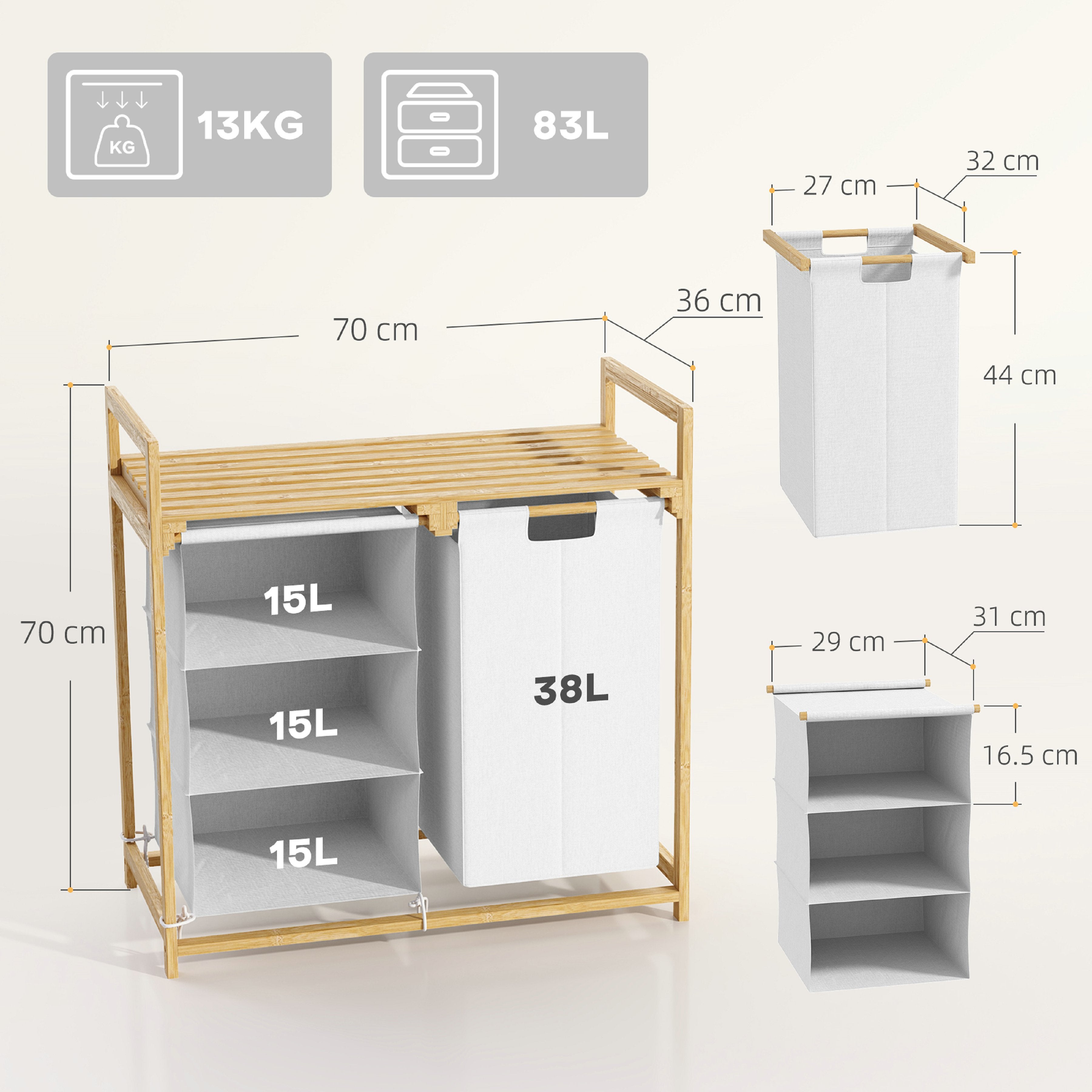 Cesto para Ropa HOMCOM 4 Compartimentos, 2 Bolsas de Tela Extraíbles y Deslizantes, Estructura de Bambú, 70 x 36 x 70 cm, 83L, Blanco - 5