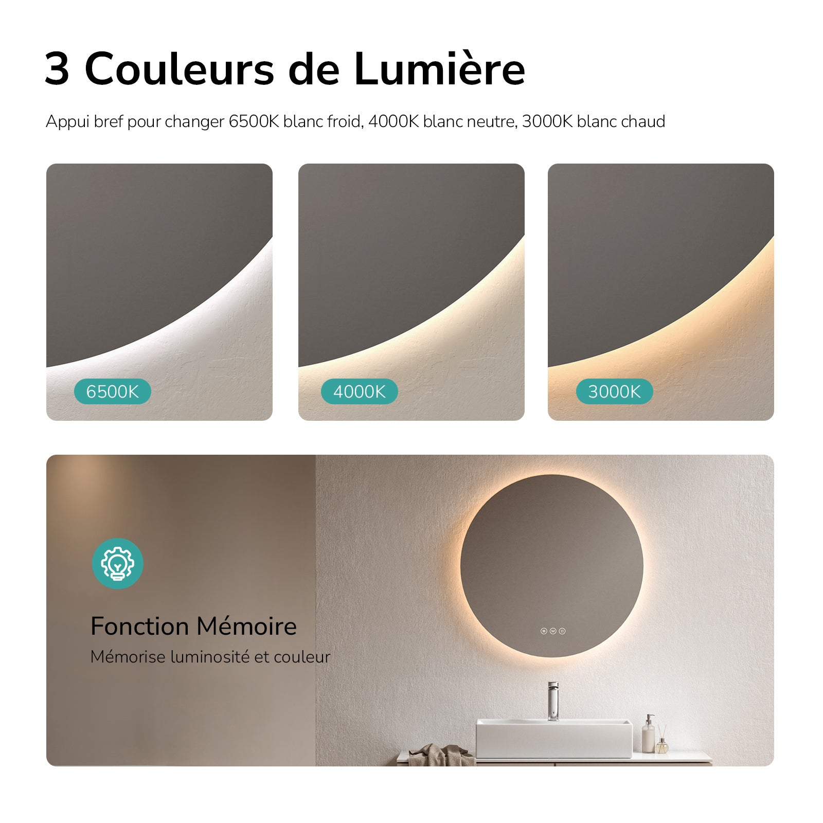 EMKE Miroir lumineux salle de bain rond diamètre 60cm, Miroir LED rétro-éclairage avec Interrupteur Tactile, Anti-buée, Blanche Froide/Neutre/Chaude - 2