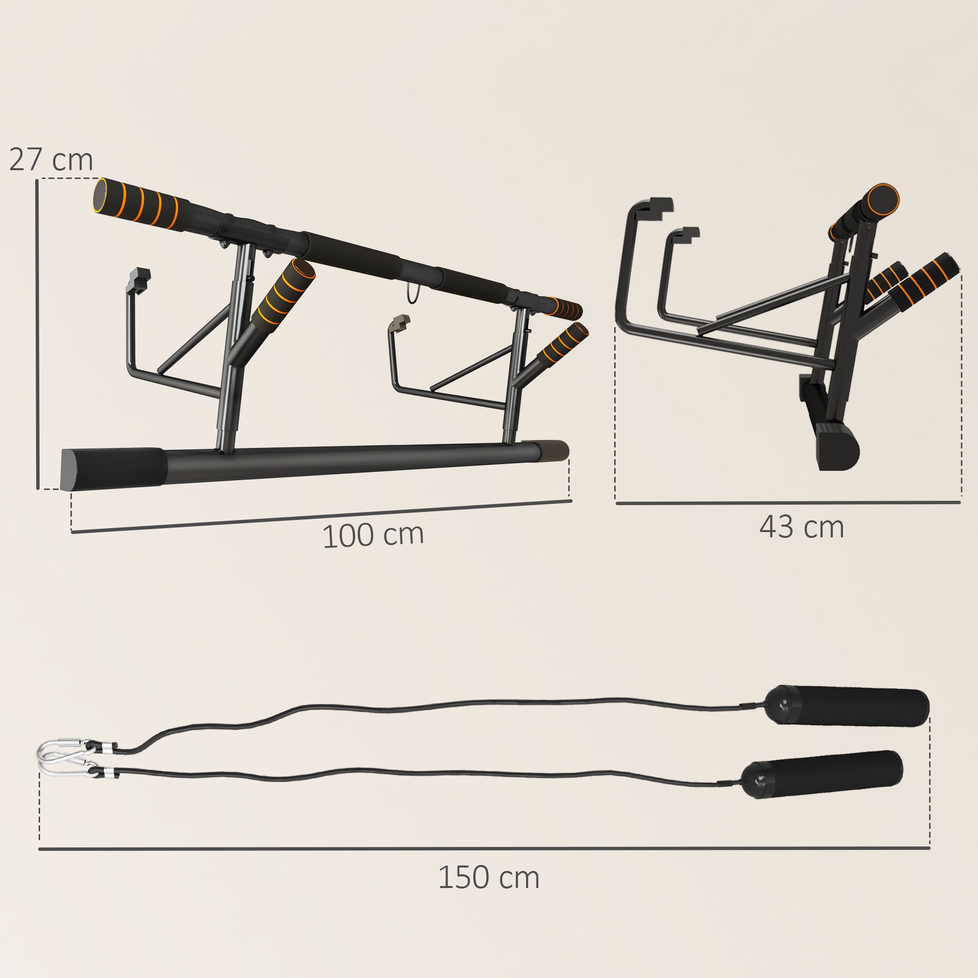 Barra fixa parede com faixas resistência, carga 150 kg, preto/laranja, exercício. - 5