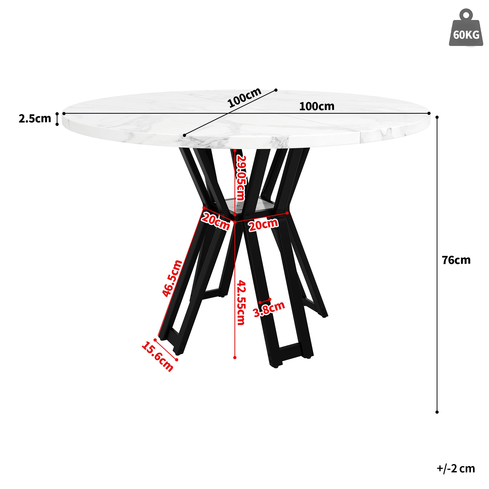 Okrągły stół jadalny dla 4-6 osób - D 100 x W 76 cm - Blat z płyty MDF marmurkowy i nogi metalowe - Biały + czarny - 3