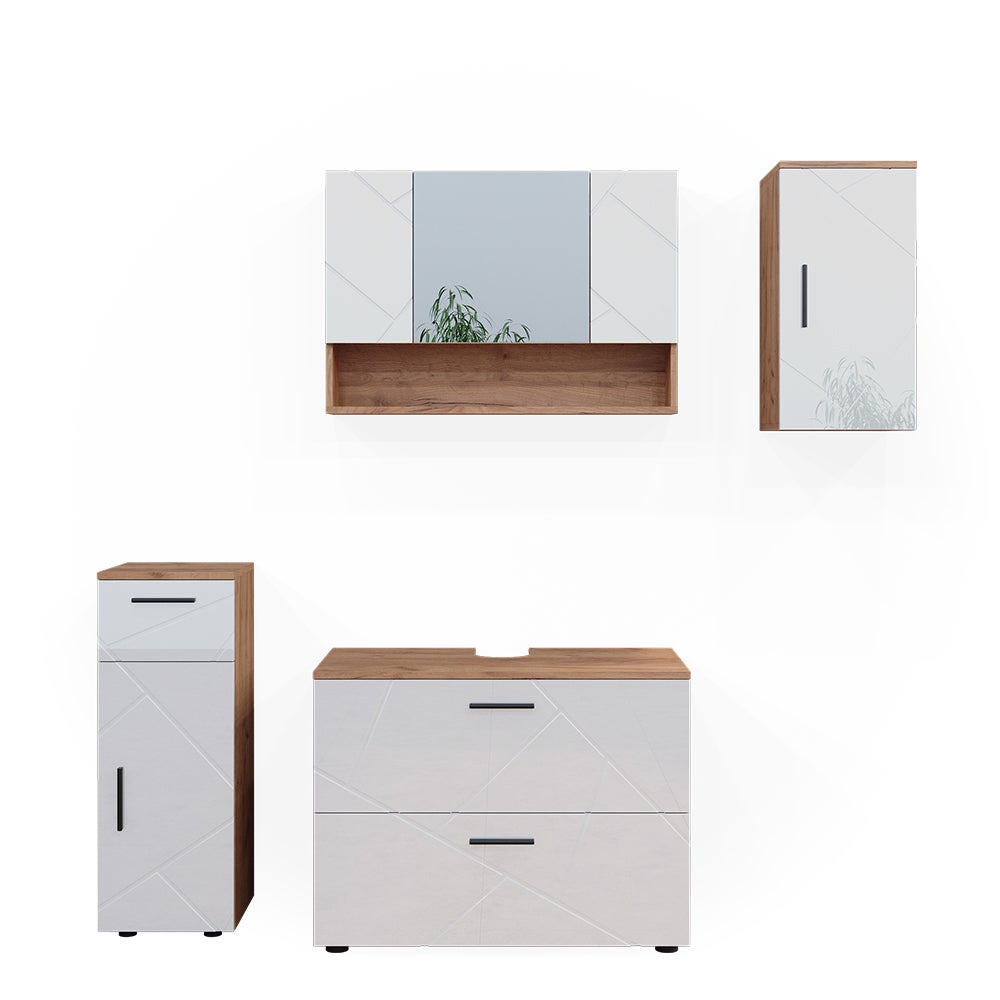 Vicco Zestaw mebli łazienkowych Irma, Biały wysoki połysk/złoty dąb power, 4 części