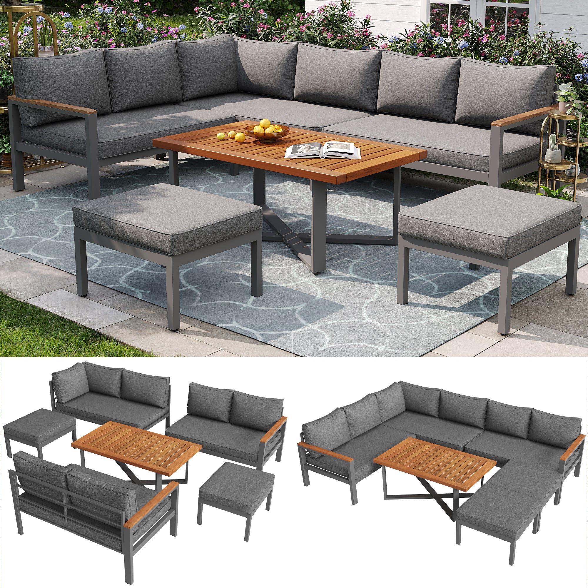 Mobiliario de jardín modular en hierro galvanizado: 3 sofás de 2 plazas + 2 bancos + 1 mesa de centro - Gris - 2