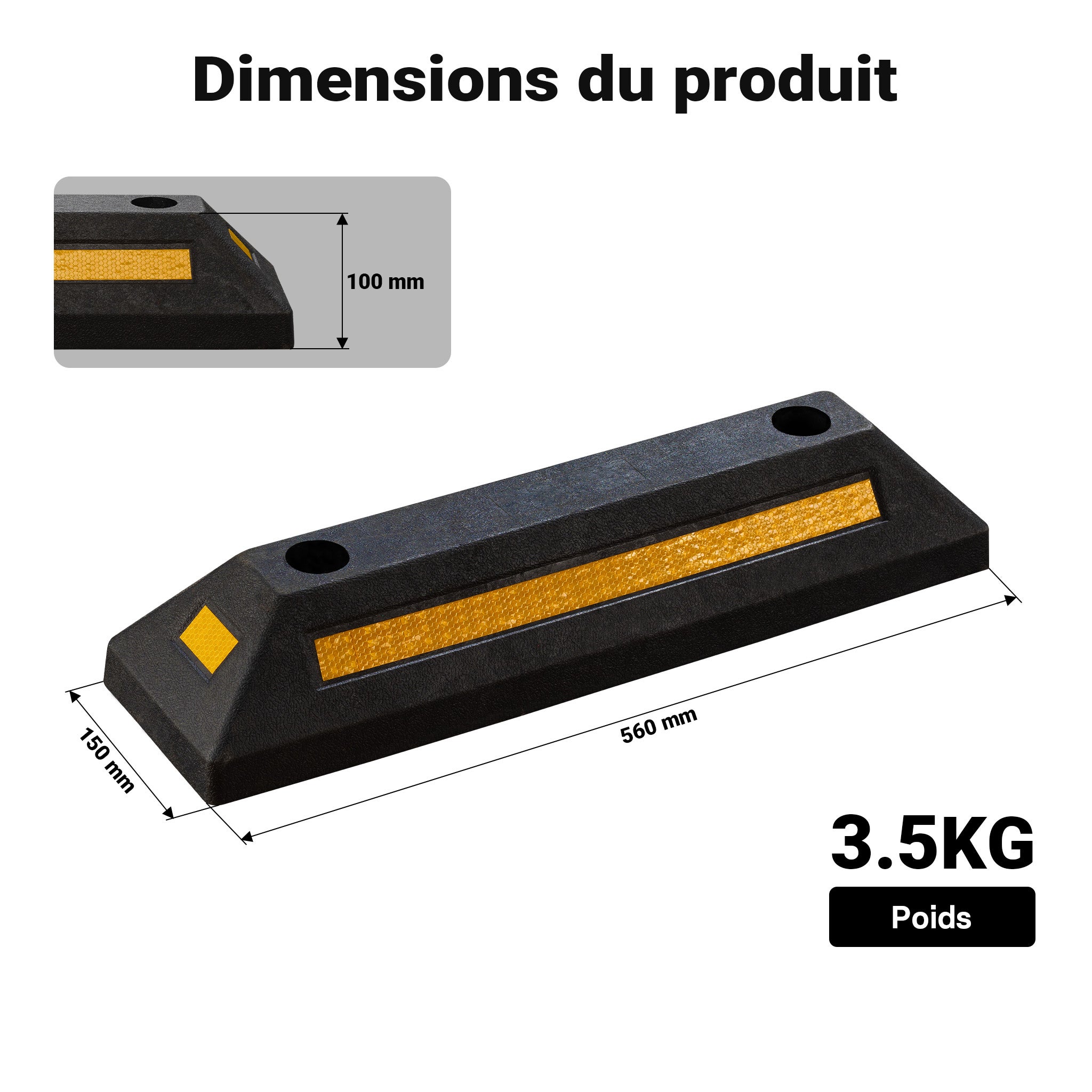 Wiltec Delimitatore di parcheggio, 2 battiruota in gomma 560x150x100mm con fasce rifrangenti, Fermaruota - 4