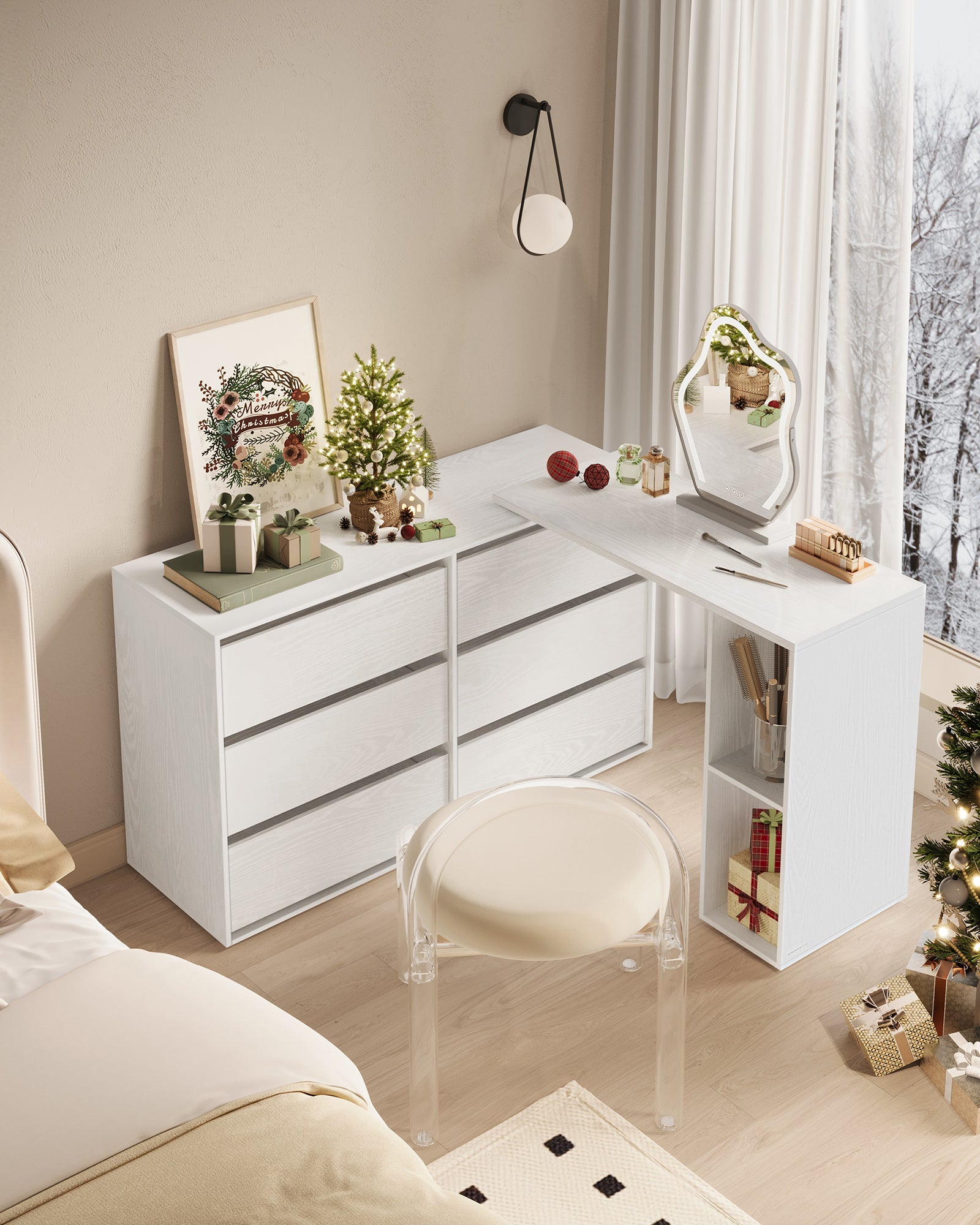 Assemblage Rapide sans Outils Toolless, Commode, Meuble de Rangement, Coiffeuse avec Étagère, Côte à Côte ou en L, pour Chambre, Bureau, Blanc Neige - 2