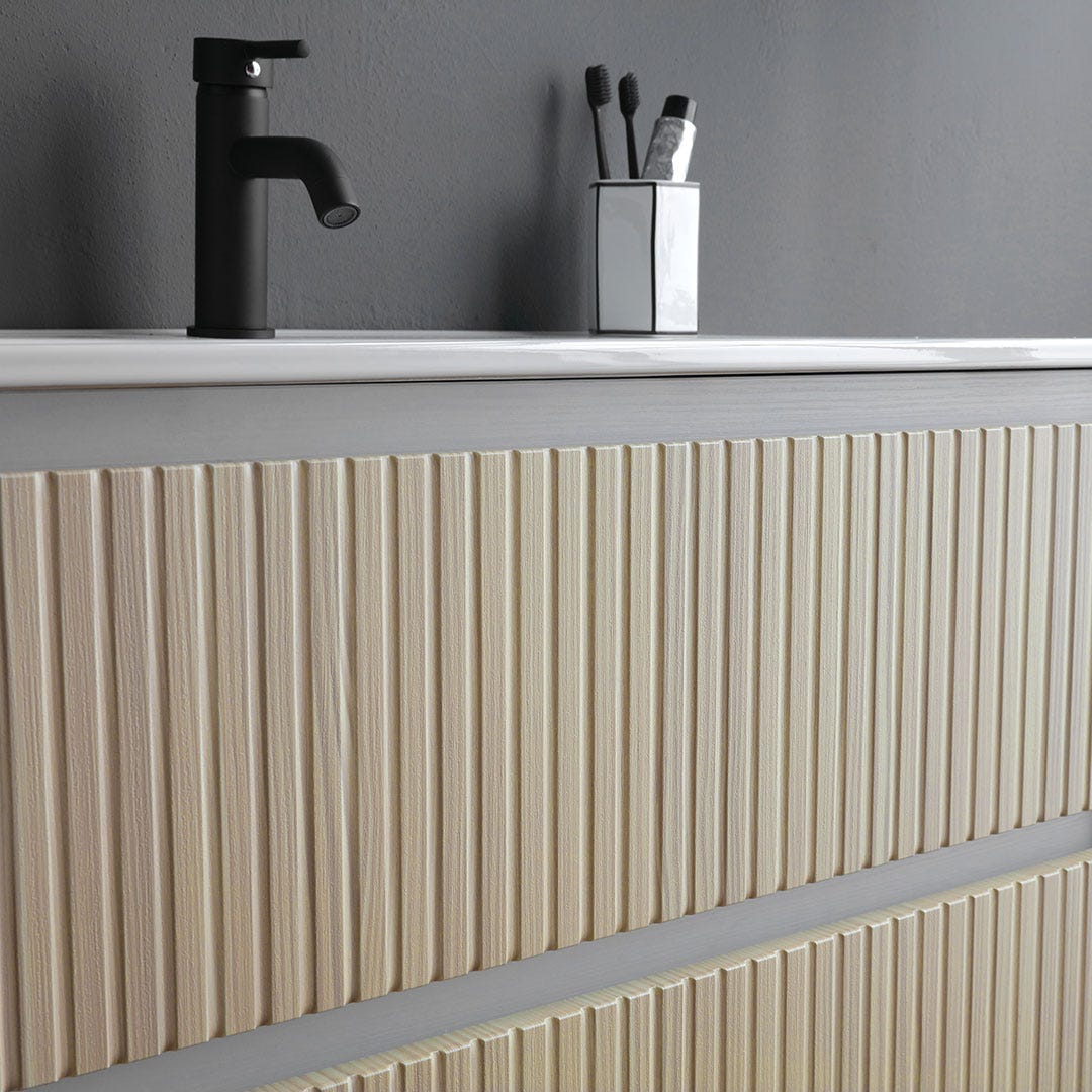 Mobile bagno sospeso 80cm bianco con 2 cassetti rovere cannettato | Bilbao - 5