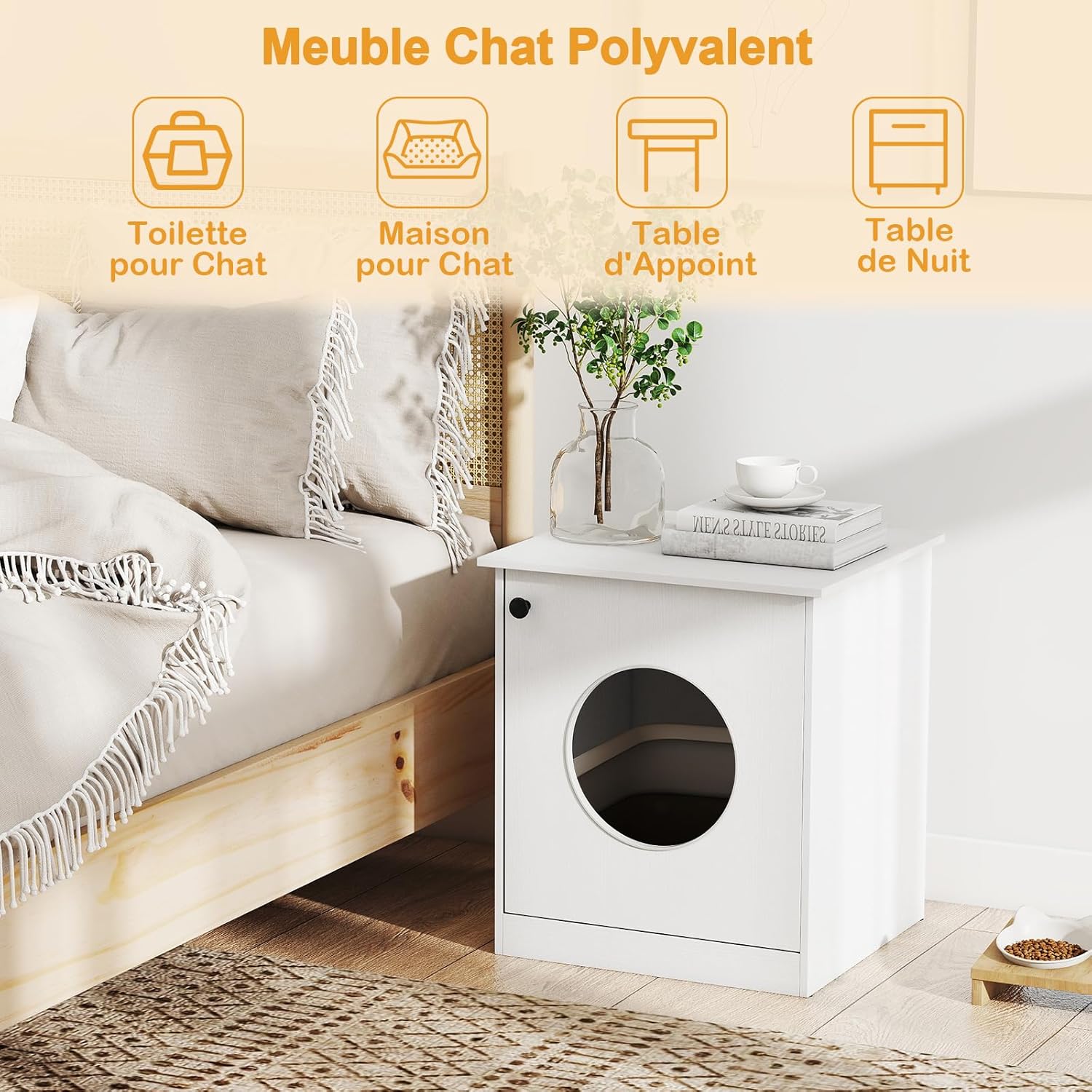 Meuble Litiere Chat en Bois, Grand Trou Ø 25 cm pour Accès, Maison pour Chat, Coussinets Antidérapants, Table d'Appoint, 51x47x57 cm, Blanc - 6