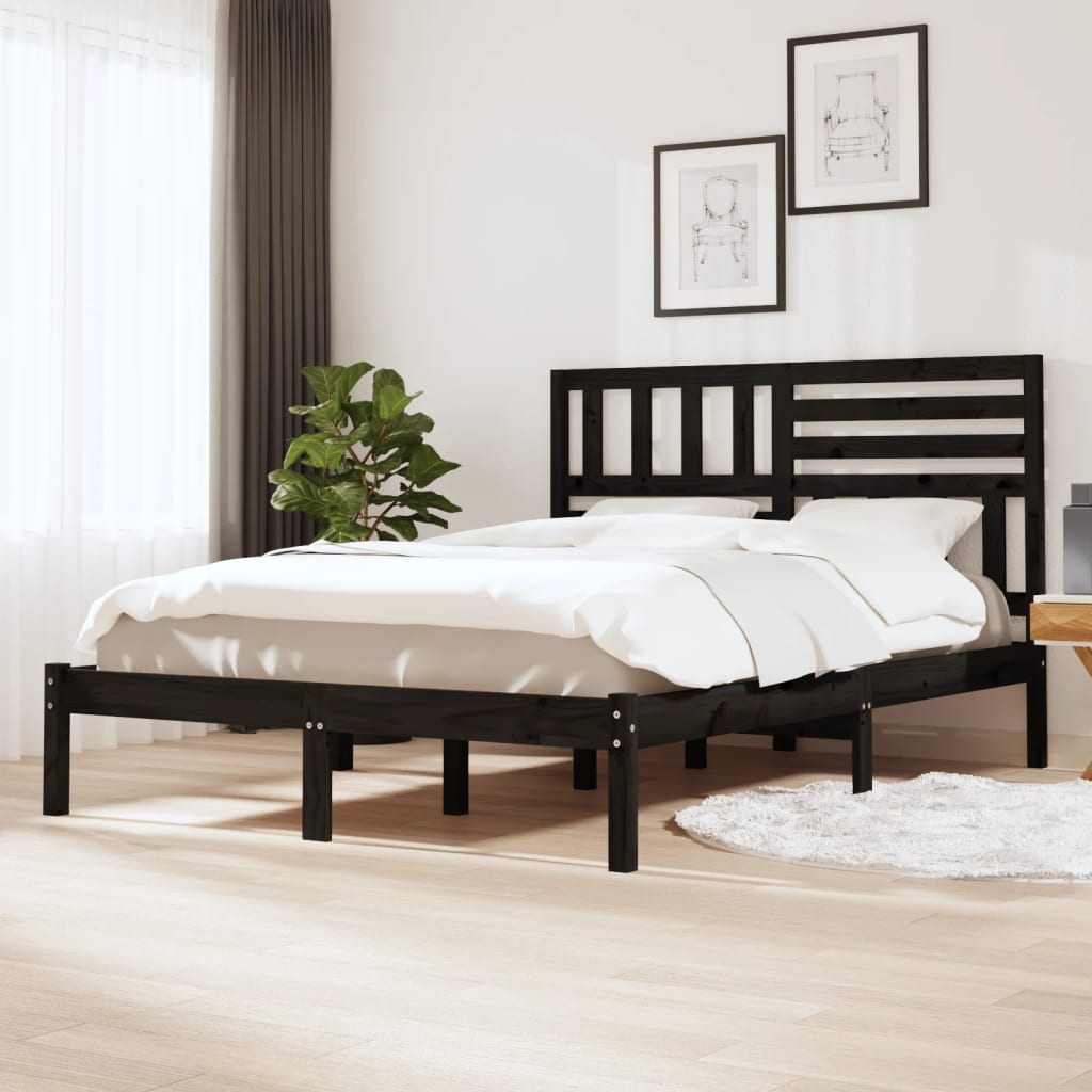 Łóżko Drewniane Czarne Rama Łóżka Ze Stelażem Drewniana Łóżko Do Sypialni Pokoju 140x190 cm