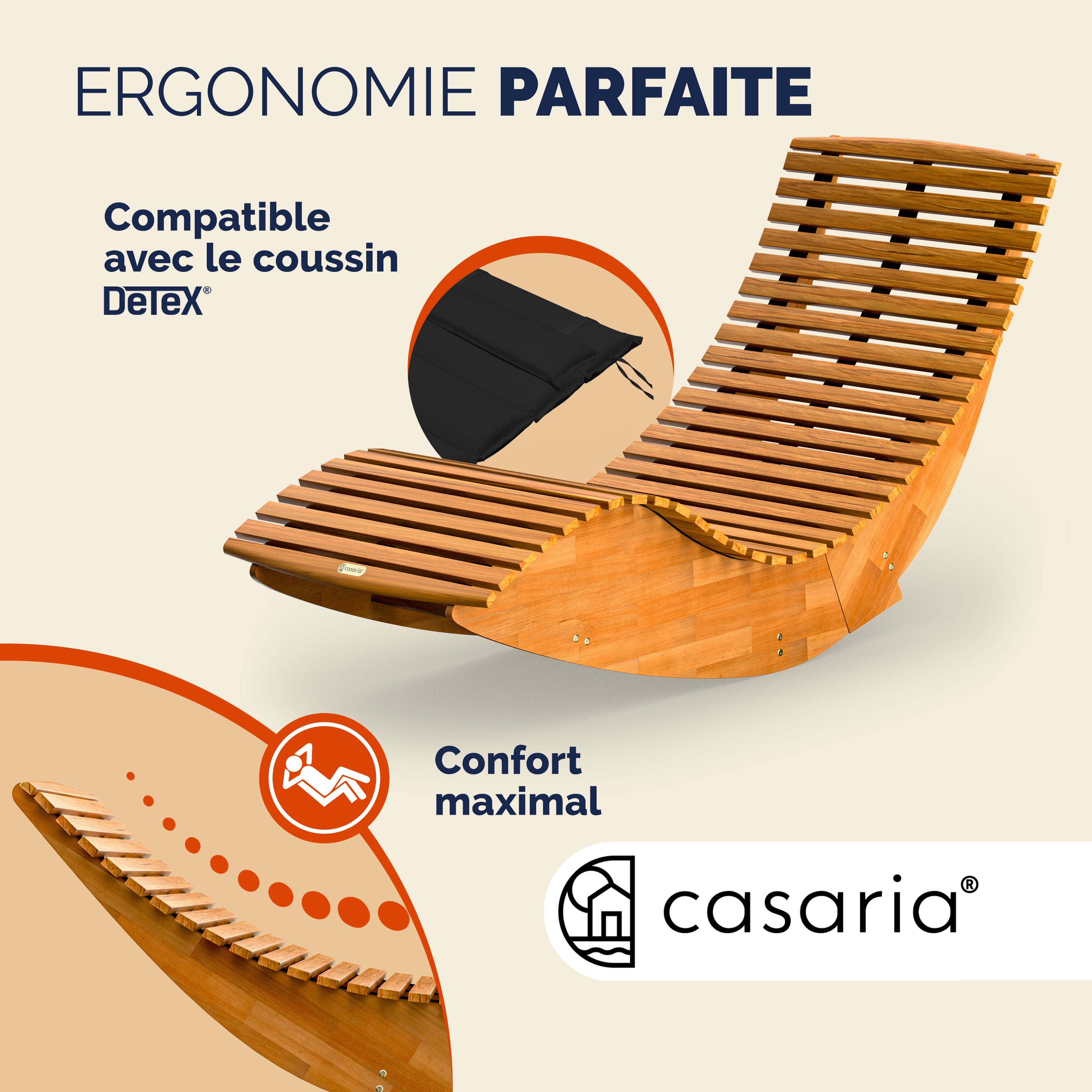 CASARIA® Chaise Longue à Bascule en Bois d'acacia certifié FSC® - Transat Bain de Soleil pour Sauna, Charge 160kg - 4