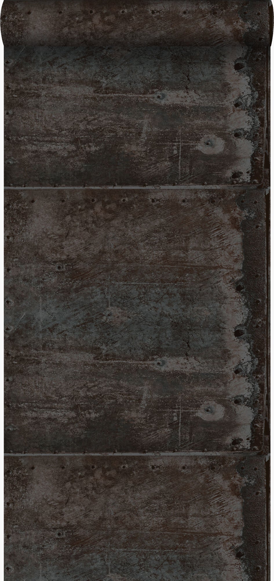 Tapeta duże wyblakłe zardzewiałe metalowe płytki z nitami czarnymIciemnego benzyny - 53 cm x 10.05 m - ORIGIN