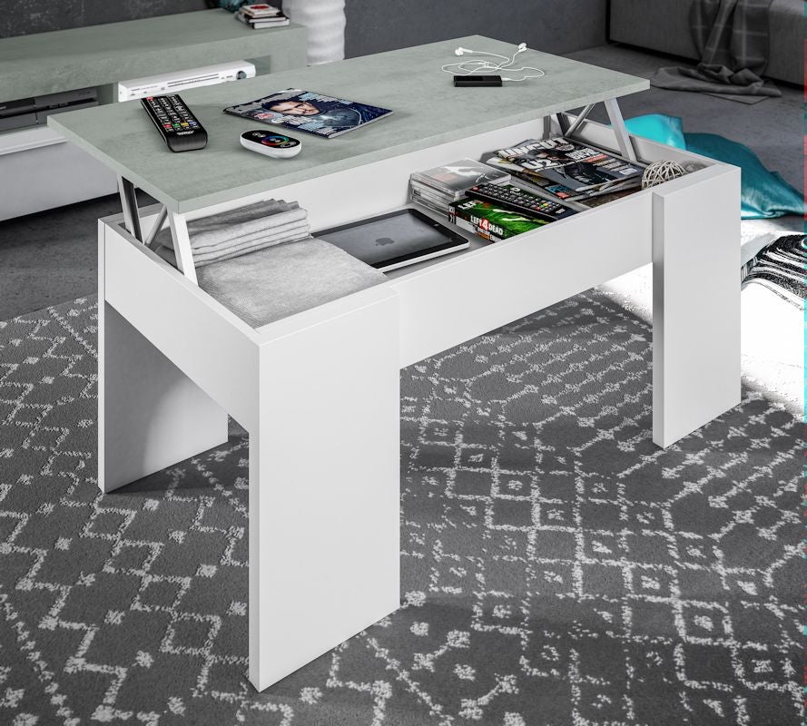 Table basse GOTHAM avec plateau relevable et rangement - Blanc / Béton - 2