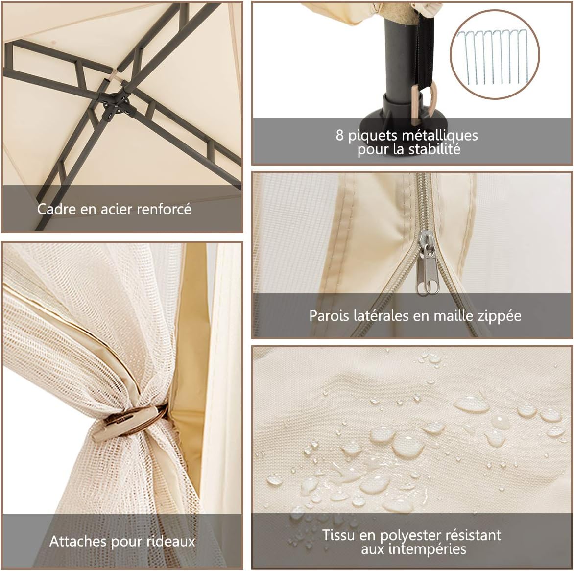 Pavillon de Jardin 3x3m UV50+, Tonnelle Autoportant Imperméable avec 4 Moustiquaires Amovibles pour Jardin/Terrasse/Réception, Beige - 7