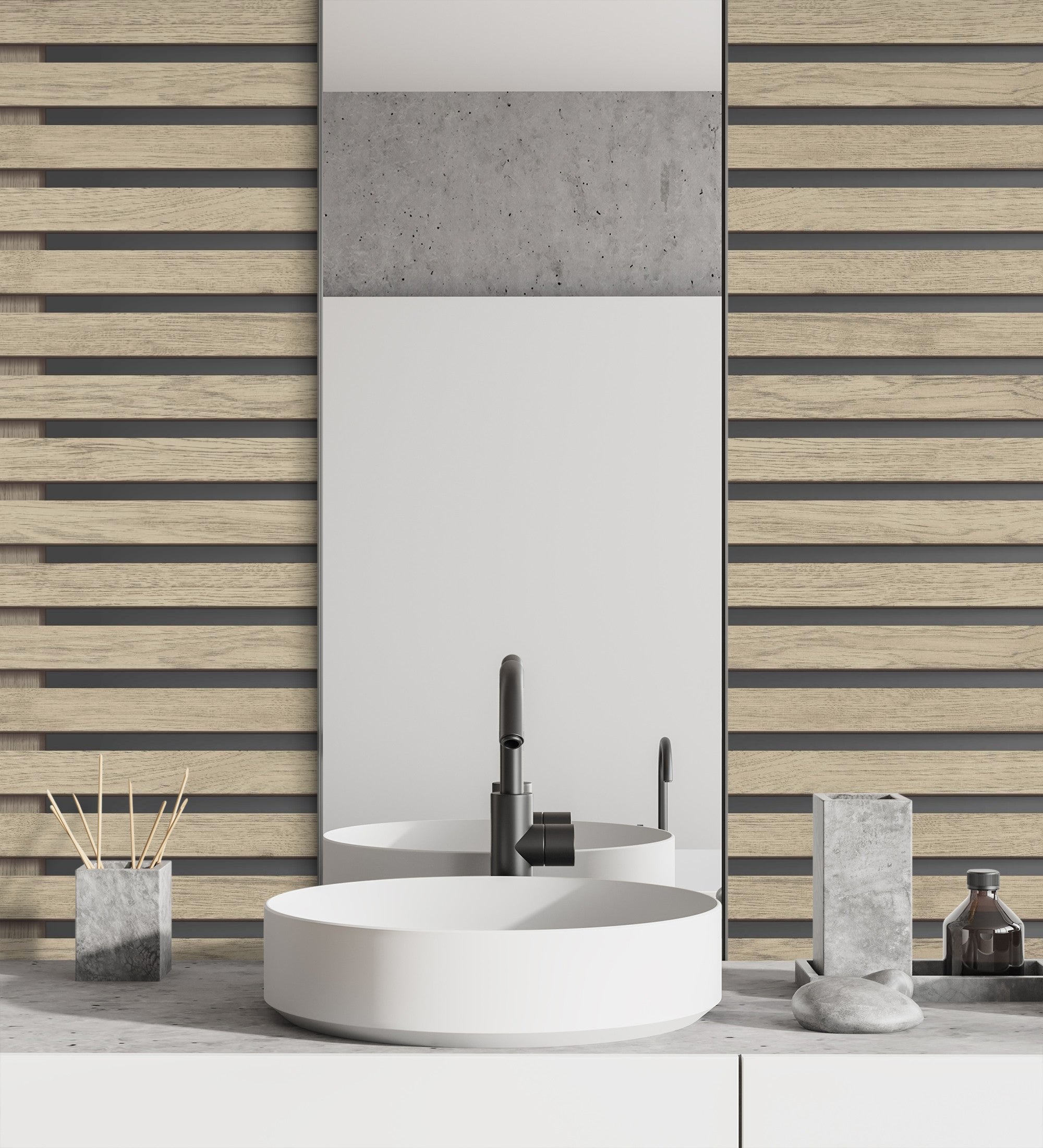 Papier peint baguettes de bois naturel en panneaux sur fond foncé - Thabo 681958 de GAULAN - Rouleaux de 10 m x 0,52 m - 5