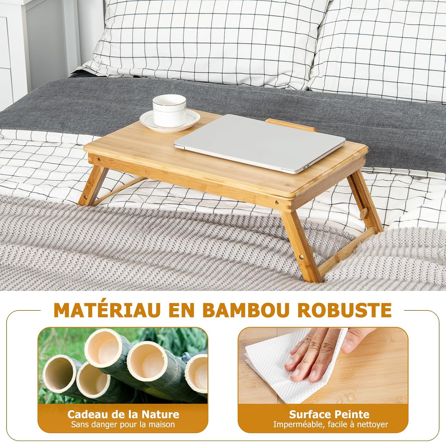 Table de Lit Pliable, Hauteur Réglable, Plateau Inclinable à 4 Niveaux, Bureau d'Ordinateur en Bambou avec Trous de Ventilation, Tiroir (Naturel) - 6