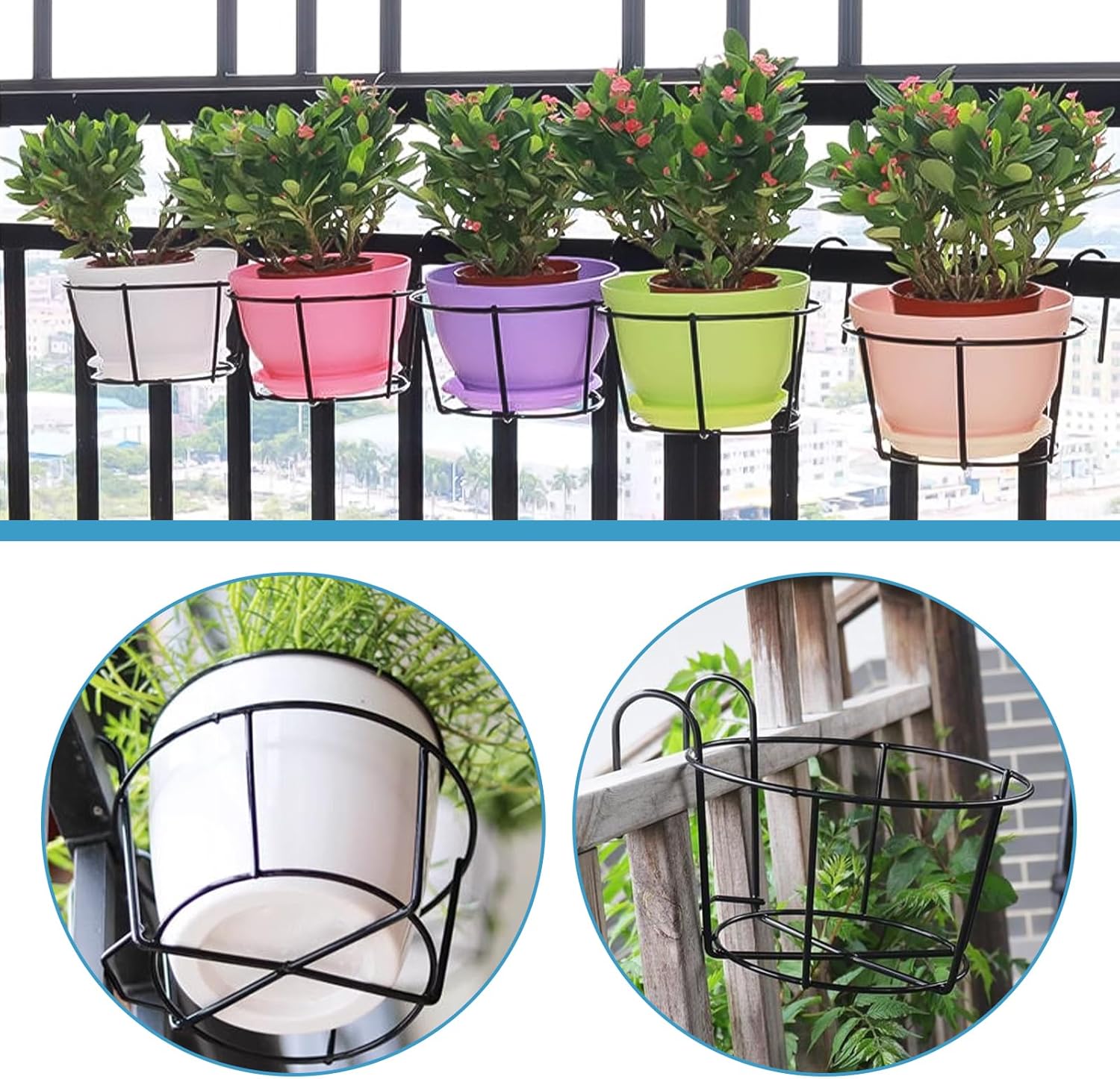 Lot de 4 Pots de Fleurs Ronds à Suspendre en métal pour Balcon et clôture (Noir) - 4