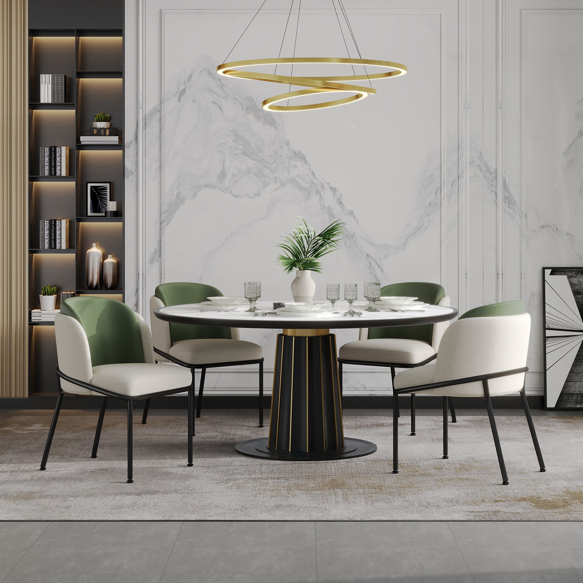 Komplet 4 krzeseł do jadalni z podłokietnikami - 55 x 55 x 85 cm - Len i skóra ekologiczna, nogi metalowe w kolorze czarnym - Beż i zieleń