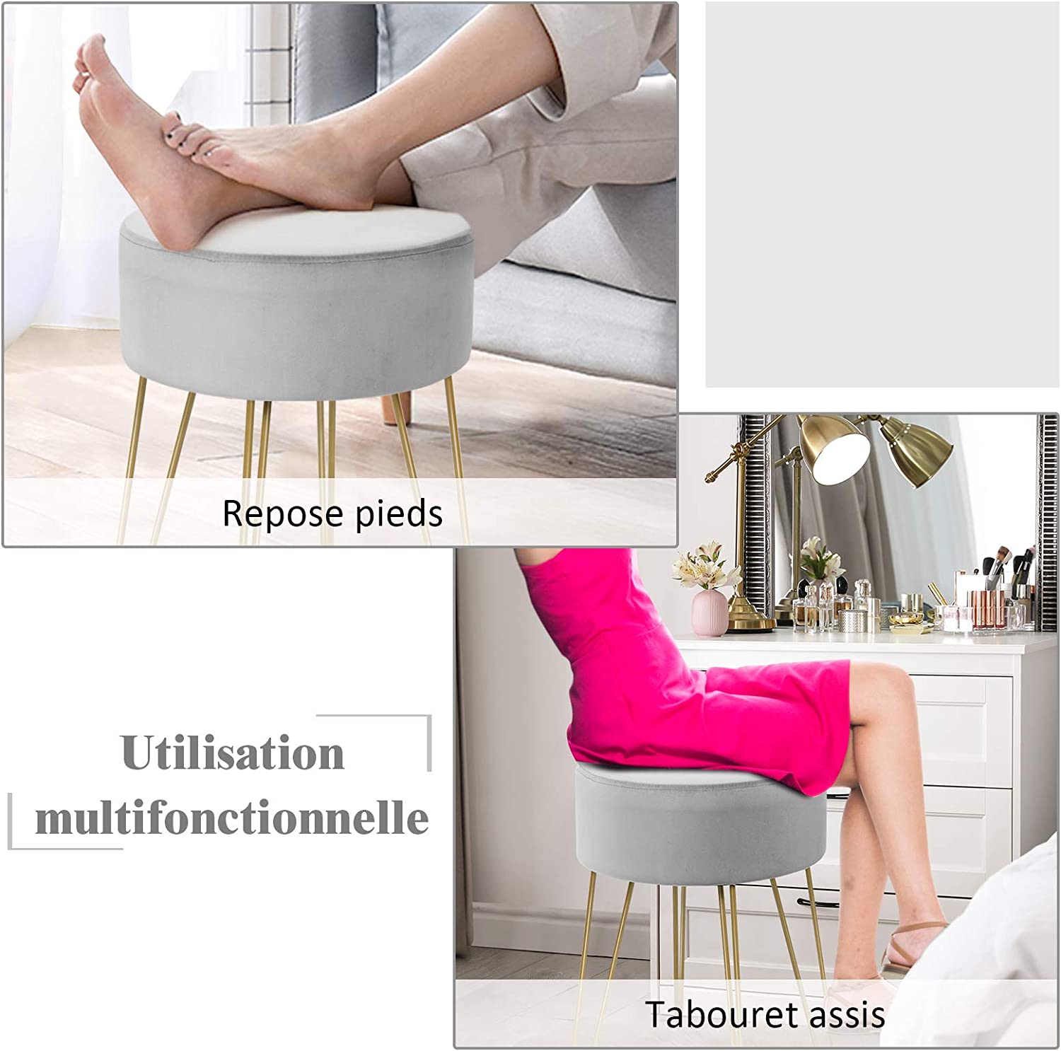 Taburete redondo puff otomana taburete tapizado taburete reposapiés con patas de metal para dormitorio salón (gris)