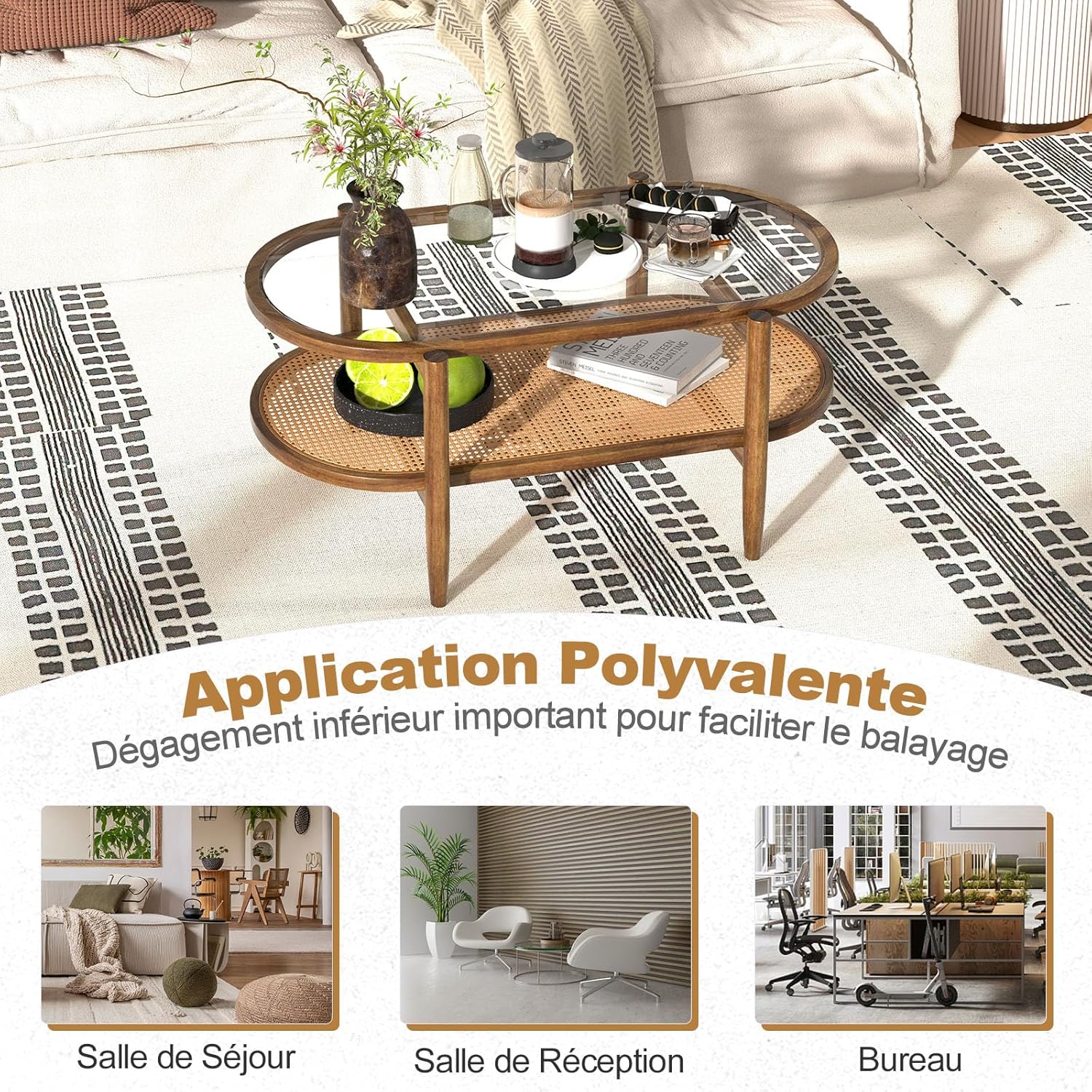 Table Basse Salon, Table Basse Verre Ovale Française Vintage avec Plateau Verre et Rotin, Cadre Bois Cintré, Charge 35+25KG 102x56x 47cm Brun - 5