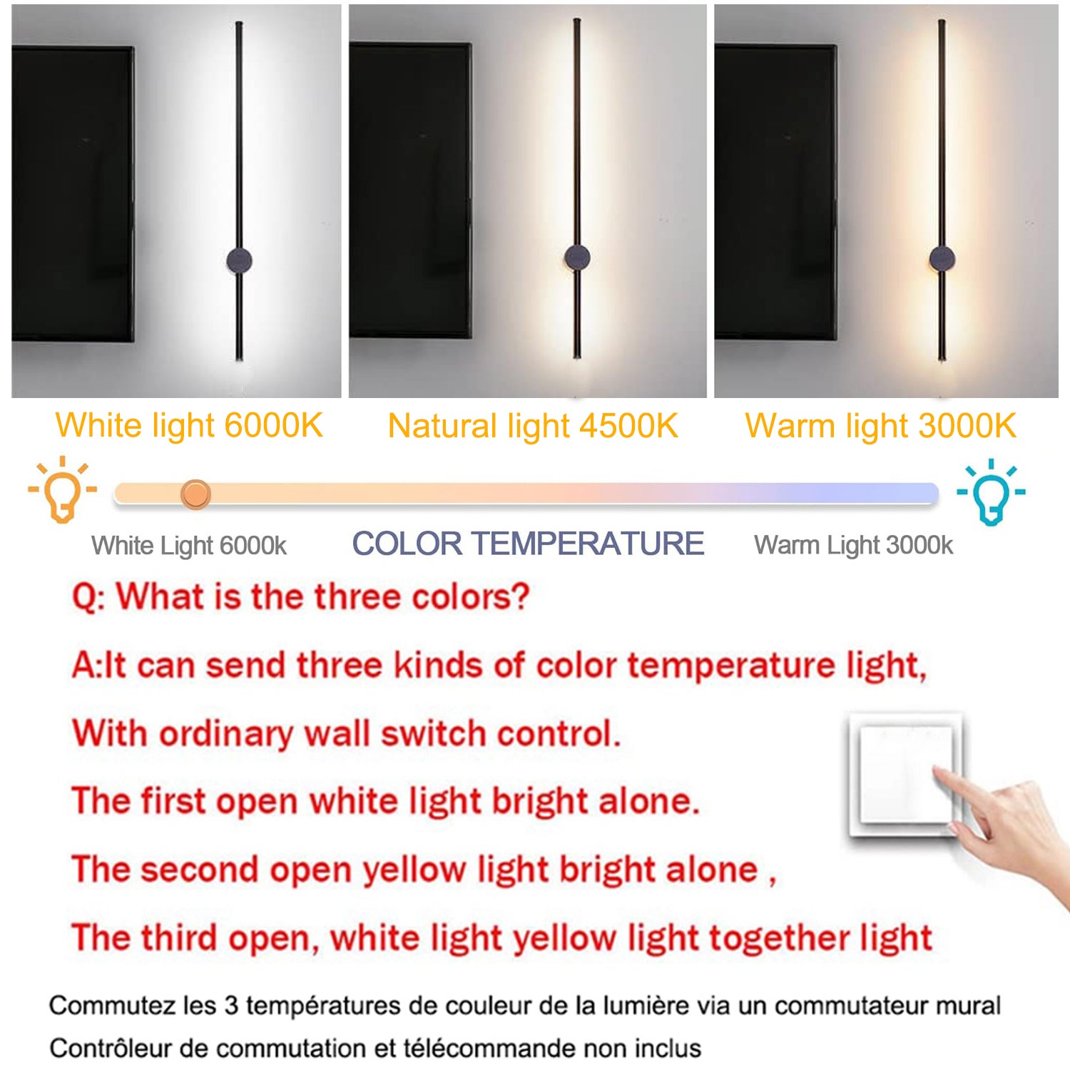 Applique murale LED 60 cm, lampe de chevet rotative à 350°, éclairage décoratif d'intérieur, 3 températures de couleur réglables, noir - 4