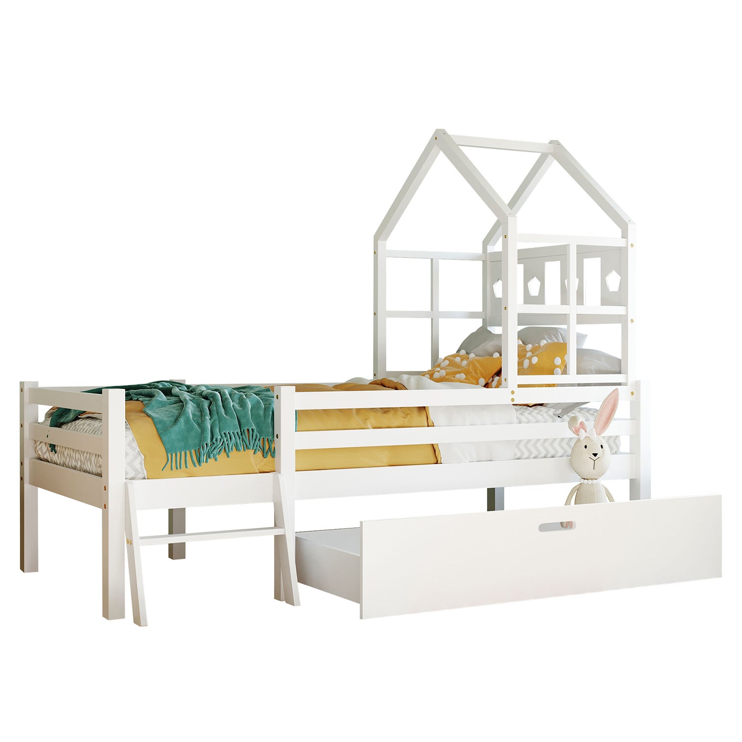 Lit Cabane Enfant Wiki 80x160 Cm – Blanc, 2 Tiroirs, Sommier Lattes, Bois Massif Pin