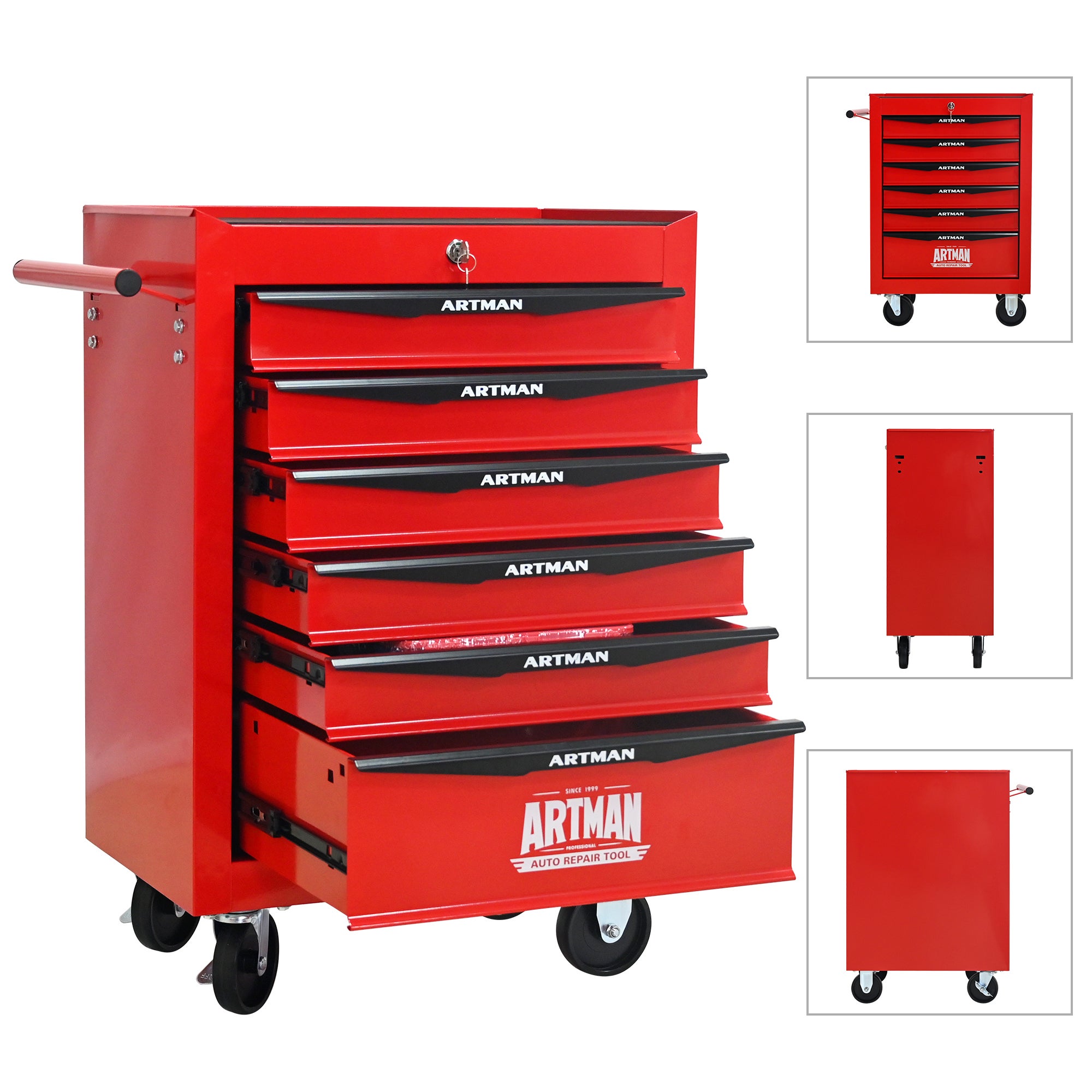 Coffre à outils roulant en métal à 6 tiroirs, armoire à outils pliable en 6 parties avec glissières à billes, organisateur de rangement d'outils - 4