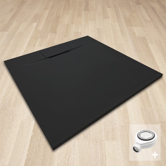 POLAR Receveur de douche 90 x 90 cm Noir extra-plat effet pierre antidérapant + bonde incluse