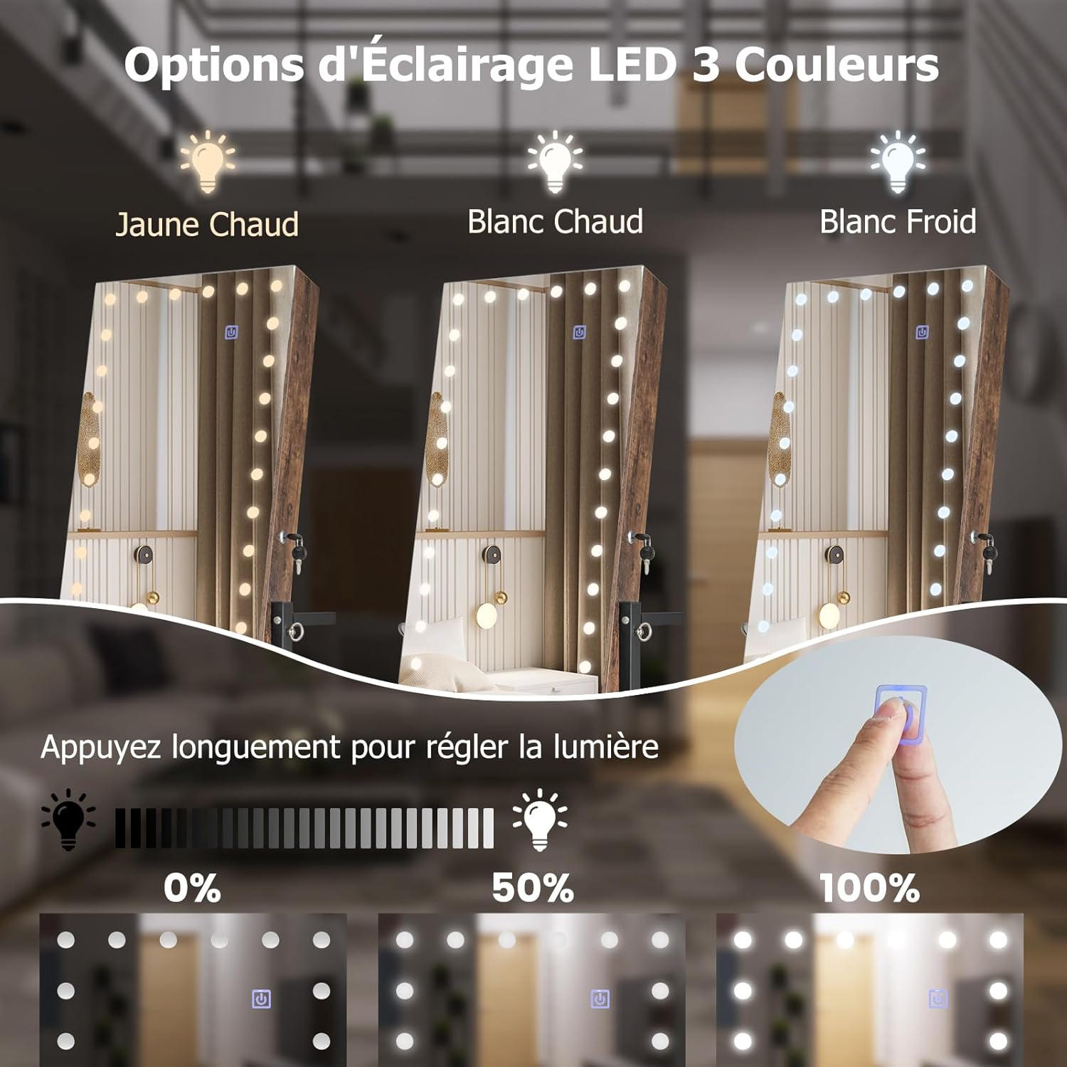 Armoire à Bijoux Miroir Pleine Longueur avec LED Réglable en Hauteur et en Angle-Roues Universelles et Porte-manteau, Marron - 5