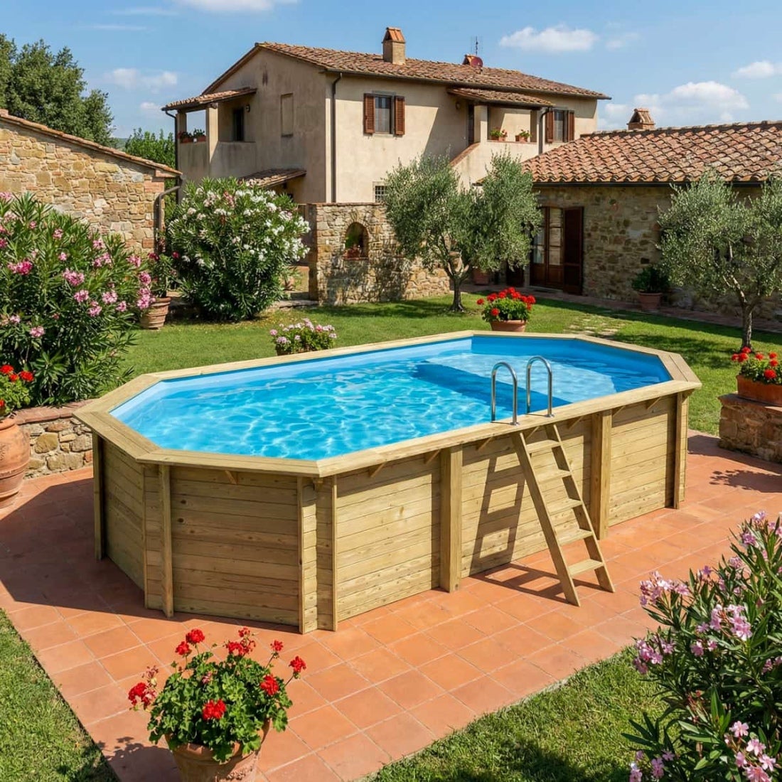 Piscină deasupra solului din lemn NEMO 7,3 x 3,97 - H. 1,45 m, cu terasă, albastru deschis, cu ancorare în pământ - BAS7305OSPI+PLA305
