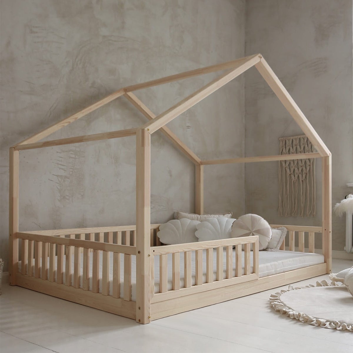Lit Cabane Enfant 140x200 Avec Barrières De Sécurité Et Tables De Chevet - Pin Gris/blanc - Sans Matelas - 4