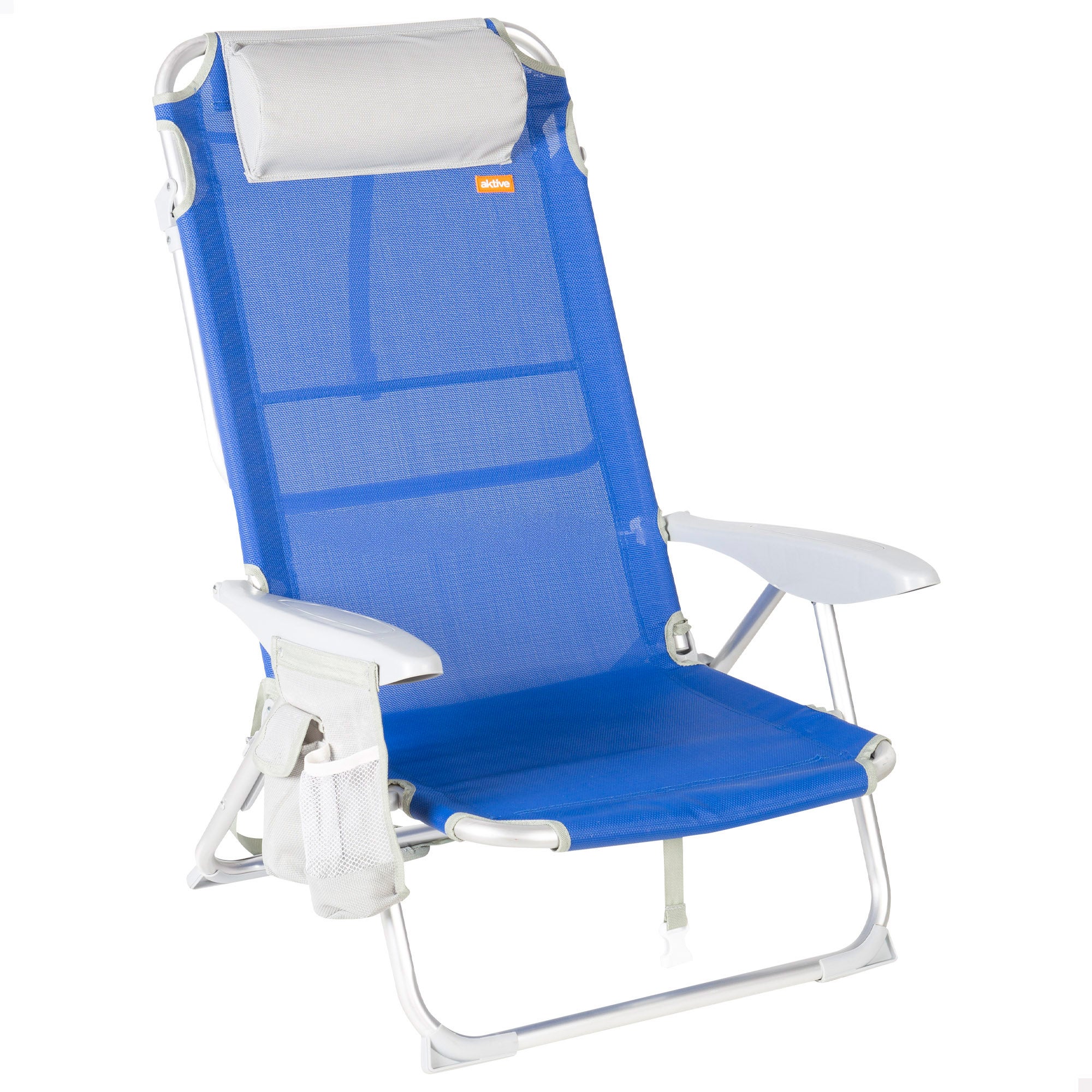Aktive silla plegable de playa multiposición 50x50x88 cm azul con bolsillos, cojín y asa