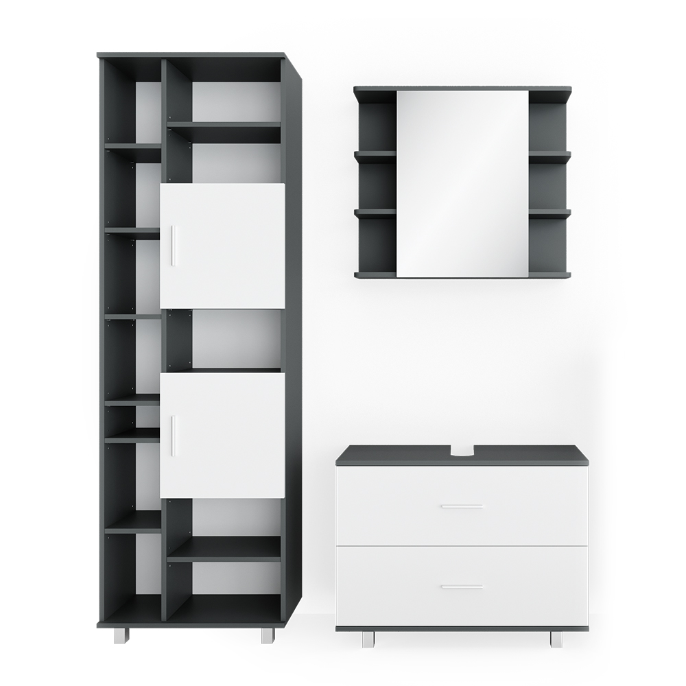 Vicco Zestaw mebli łazienkowych Ilias, Biały/antracyt, 3 części, z modułem wysokim