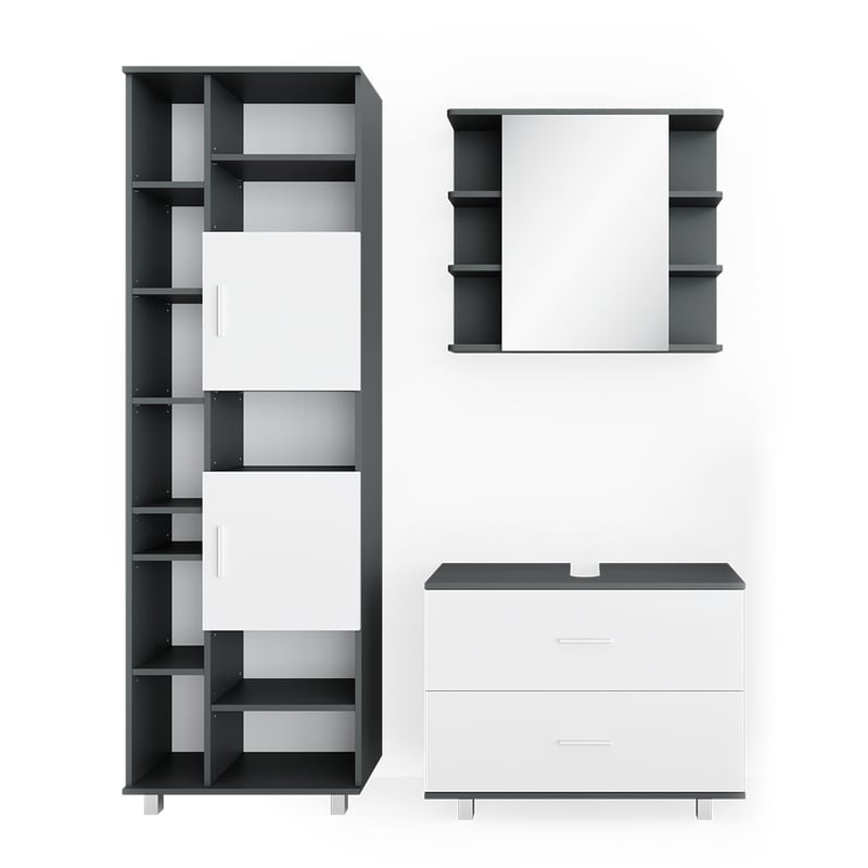 Vicco Zestaw mebli łazienkowych Ilias, Biały/antracyt, 3 części, z modułem wysokim