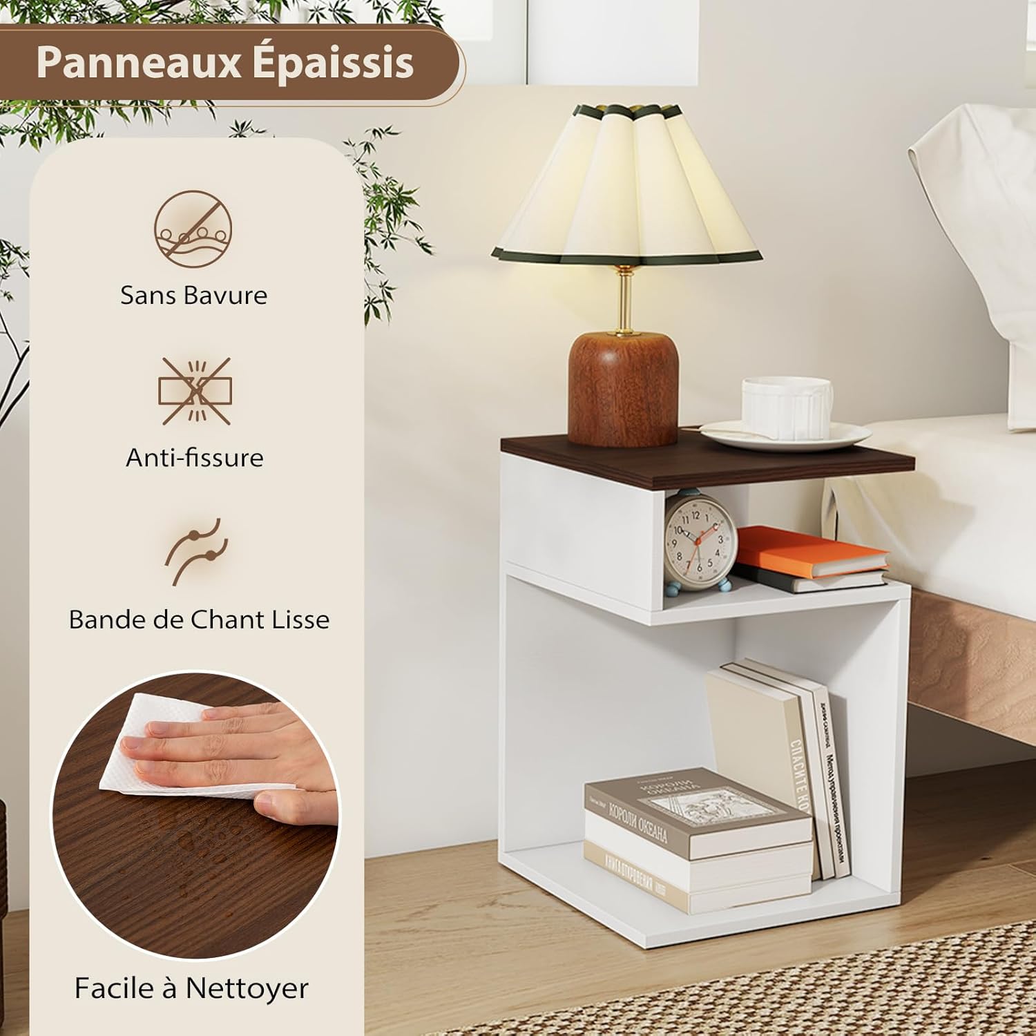 Table d'Appoint en Forme S, Bout de Canapé avec 2 Casiers Ouverts, 3 Étagères Design Géométrique Compacte, Blanc, pour Salon Chambre, Blanc+Noyer - 6