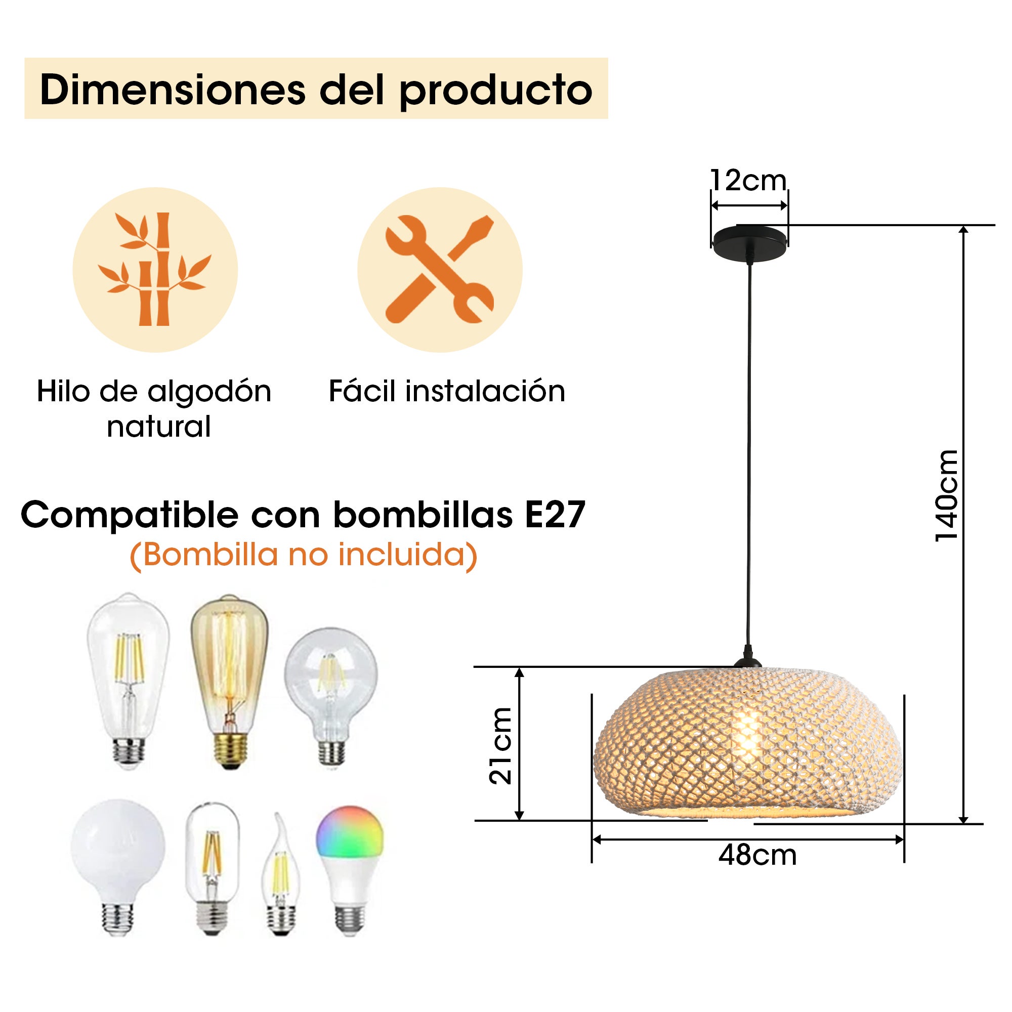 Parrot Uncle Lámpara colgante de algodón natural y hierro, E27, Ø48 cm, 60W, diseño contemporáneo, sin bombilla, para decoración de interiores - 8
