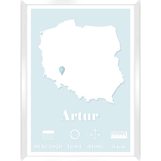 Tableau cadre blanc Les métriques de naissance bleu bébé de la carte 30 x 40 cm Bleu cadre Blanc