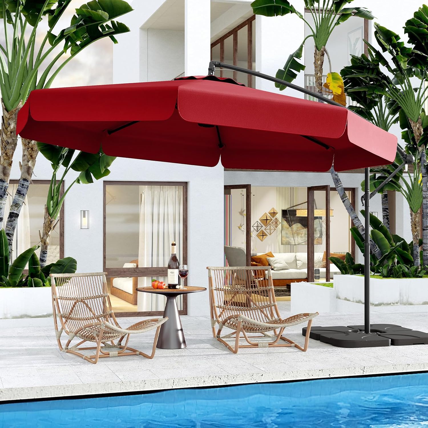 Parasol Déporté 3x3m avec Housse, Grand Parasol de Jardin Exterieur,8 Baleines et Base Croisée, Parasol Inclinable Suspendu avec Manivelle(Rouge) - 9