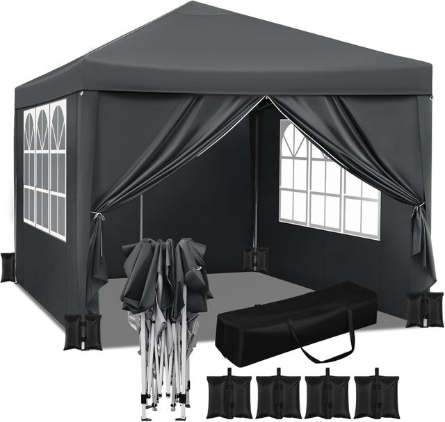 Tonnelle de Jardin 3x3m avec 4 Sacs de Sable，Tente Pliante Auvent Pliable，Hauteur Réglable,Imperméable Protection du Soleil UV 50+,Anthracite,WOLTU