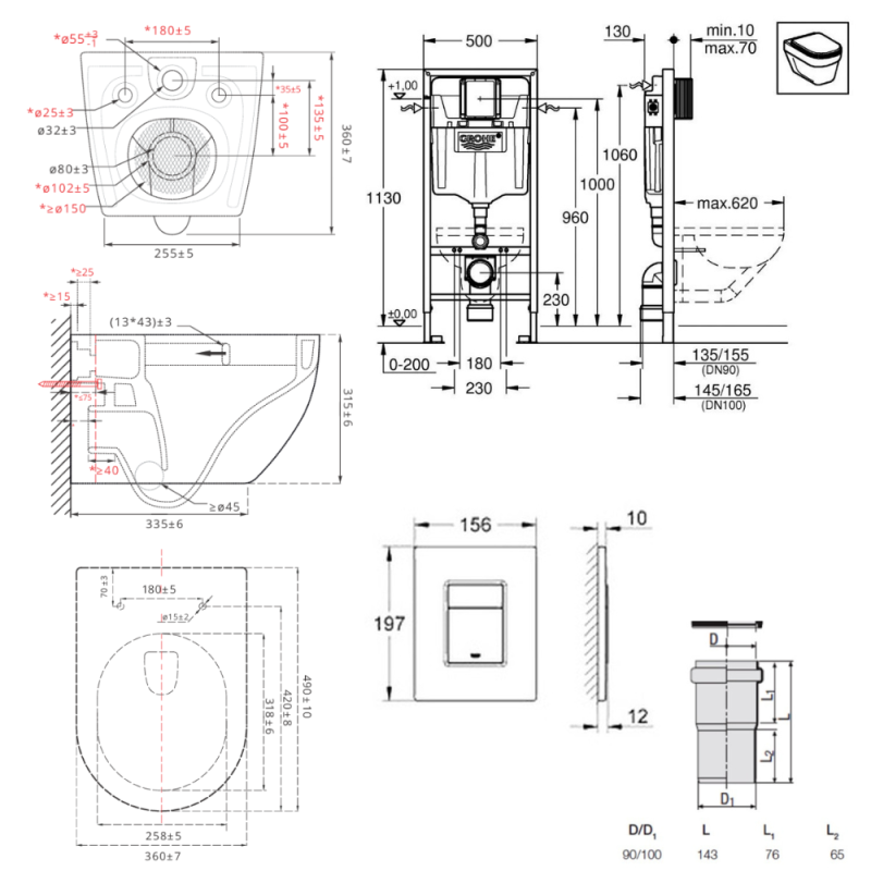 Grohe Pack WC Bâti-support Rapid SL + WC SAT Tornado sans bride + Abattant SoftClose + Plaque noire matte (RSLTORNADOKF0) - 5