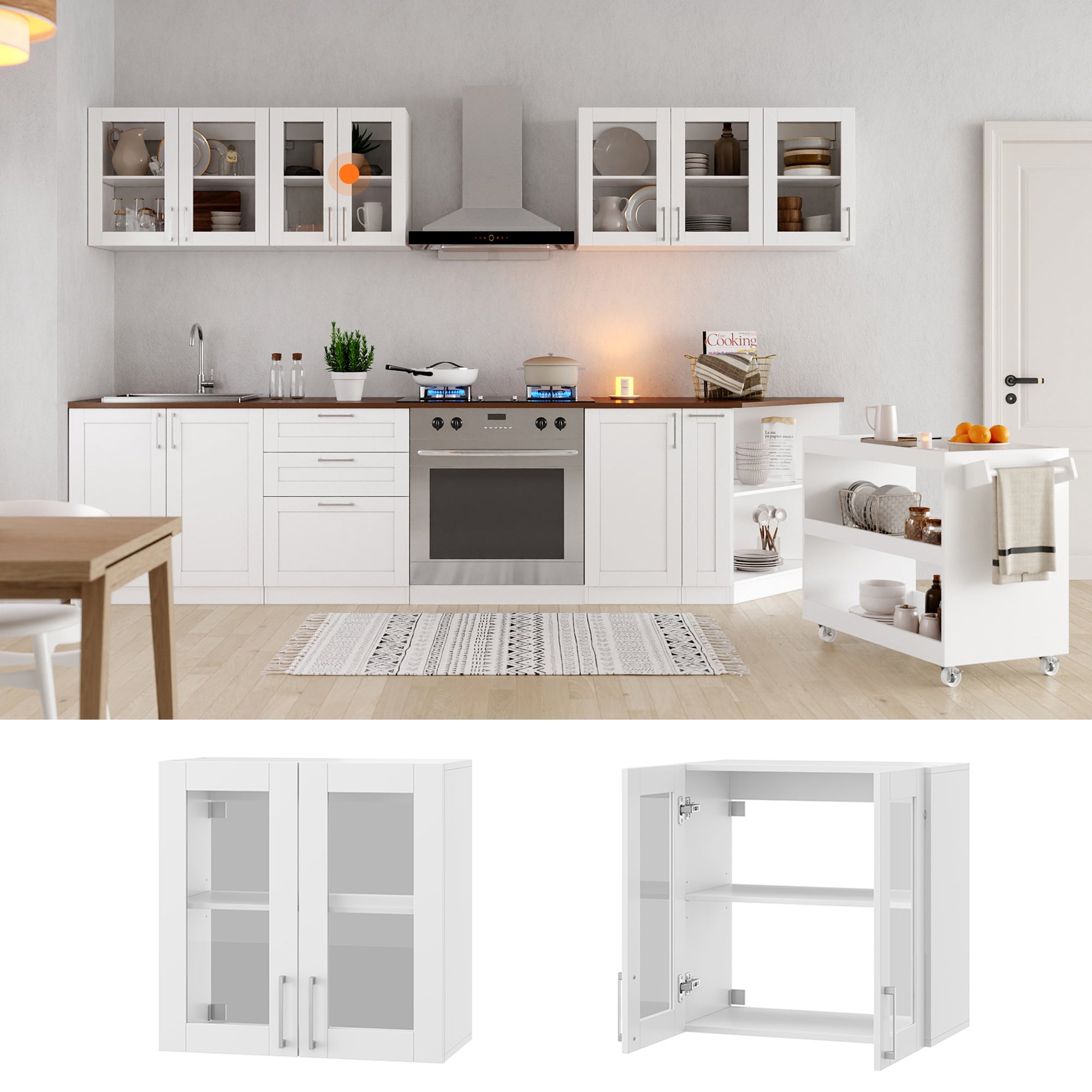 Armoire Murale de Cuisine avec 2 Portes en Verre, Module de cuisine Suspendu avec Étagère réglable, 60 x 31.5 x 60cm, Blanc - 4