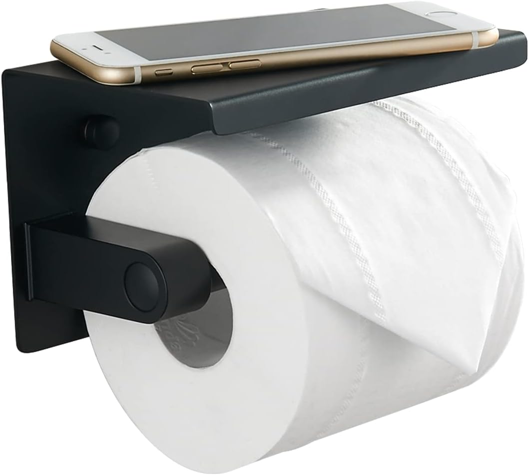 Czarny uchwyt na papier toaletowy, uchwyt na rolkę papieru toaletowego ze stali nierdzewnej 304 z półką na telefon, ścienny uchwyt na papier toaletowy