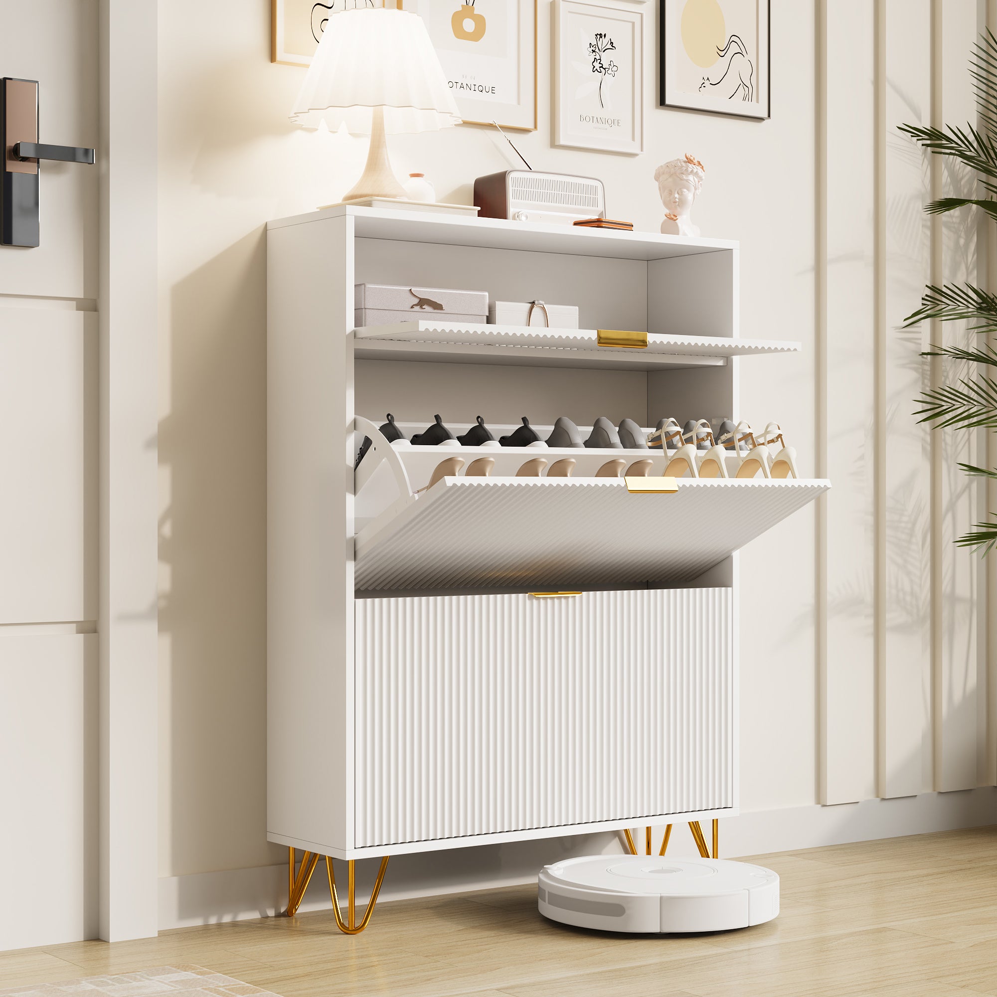 Scarpiera 80 cm, colore bianco, con 3 ante, piedini color oro ...