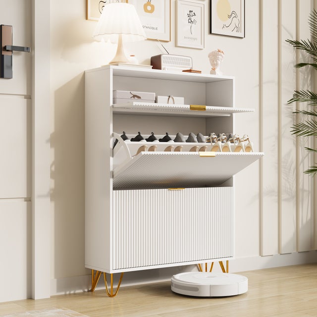 Sapateira 80 cm, cor branca, com 3 portas, pés dourados, estrutura em madeira, até 20 pares, móvel para organizar o calçado, para entrada e corredor