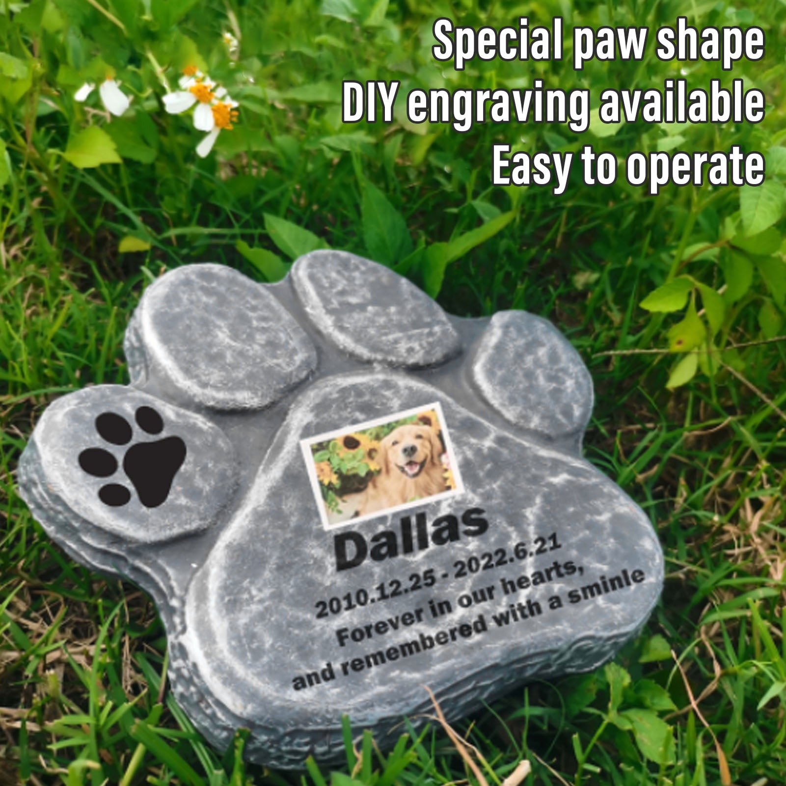 Lápida de piedra gris grabada DIY con huella de pata de perro ...